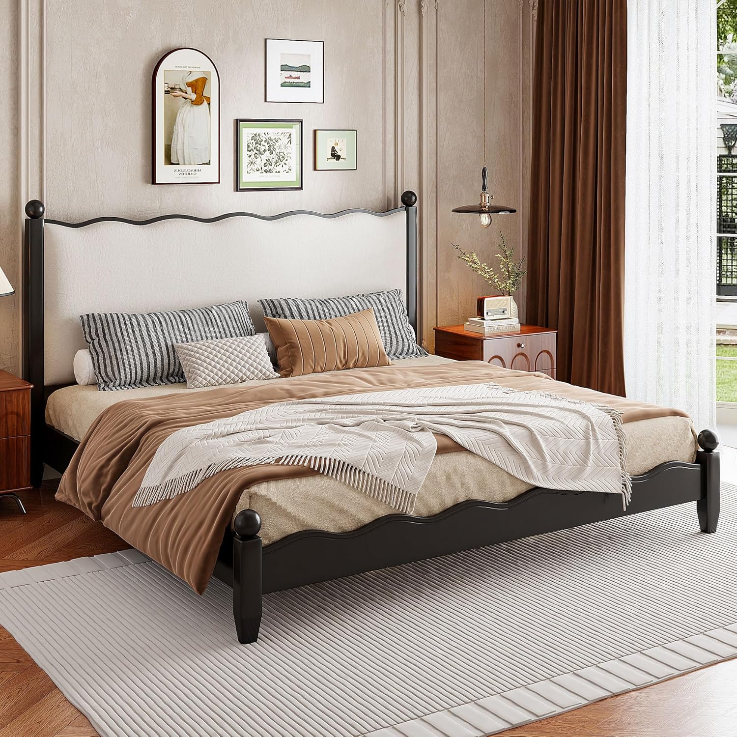 Ball & Cast King Size Bed Frame with Upholstered Headboard, Wood Platform King Bed Frame with Wood Slats Support, No Box Spring Needed,Noise Free, Easy Assembly, Beige+Black