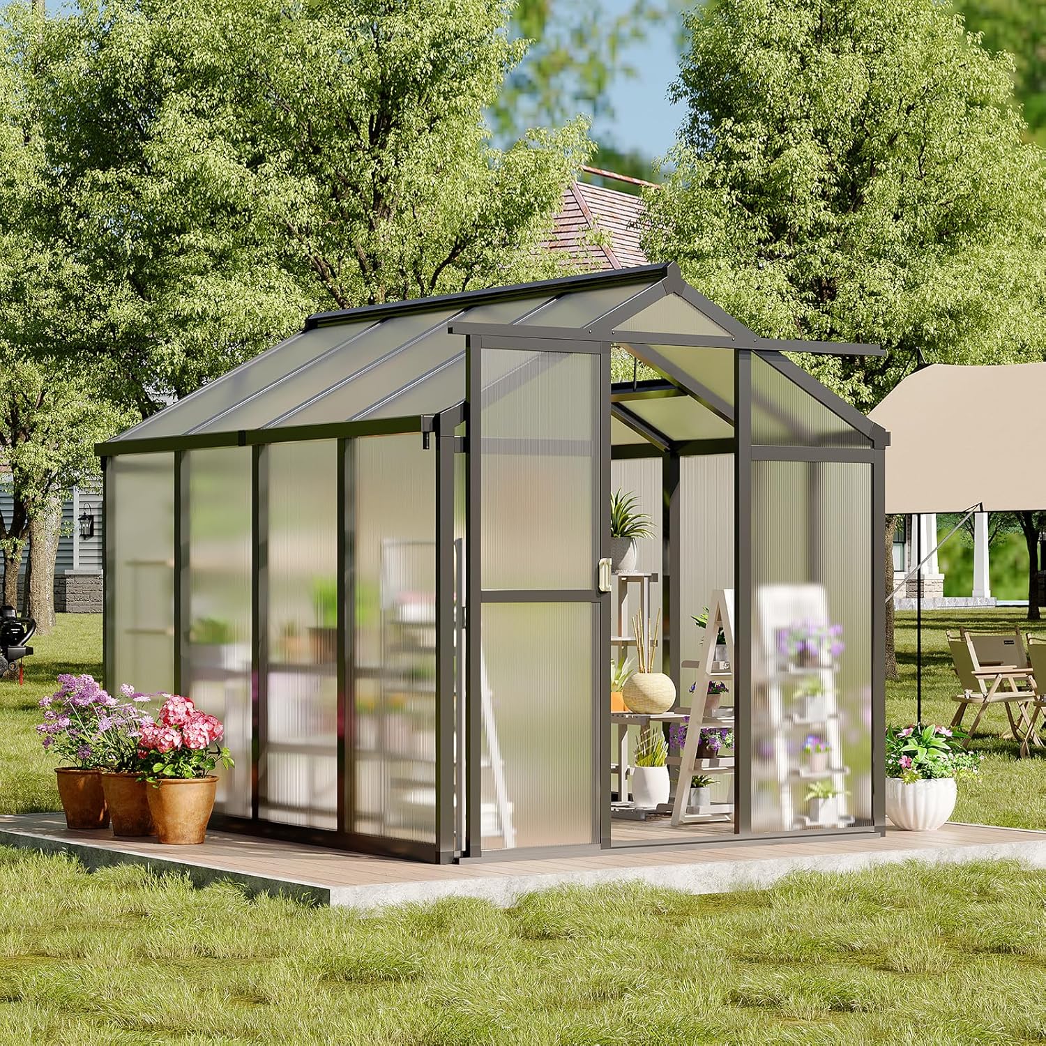 6X8FT Greenhouse, Aluminum Polycarbonate Green House, Green Houses for Outside with Sliding Doors, Ourdoor Greenhouse with Ajustable Roof Vent, Withstands Bad Weather for Garden, or Backyard, Black