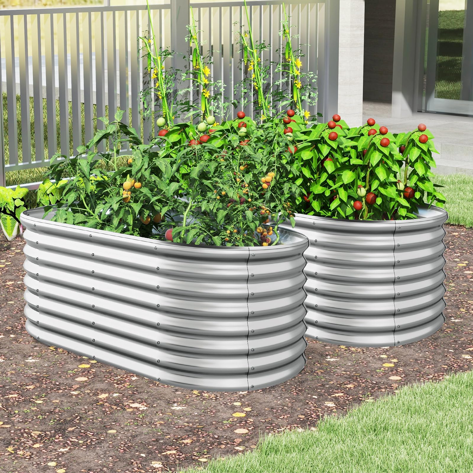 COSTWAY Hochbeet Metall Oval, Pflanzkasten für Garten, 165 x 80 x 60 cm, Frühbeet mit offenem Boden, Wellblech, Blumenbeet wetterfest, Pflanzentrog für Gemüse Blumen Kräuter (Silber)