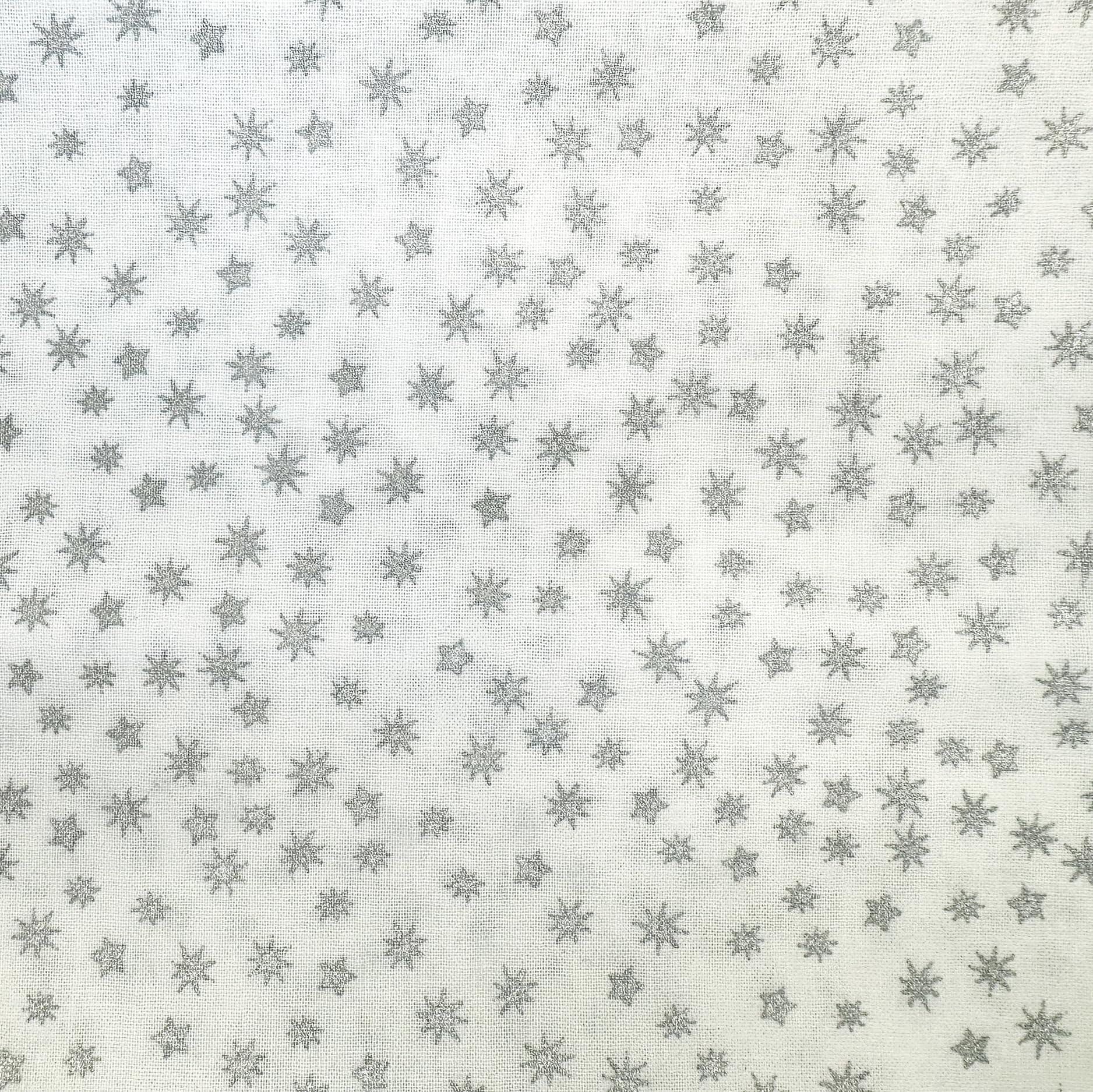 Glamour Secrets Silver Christmas Fabric - Metallic Stars On White - Xmas Craft Fabric Material Metre