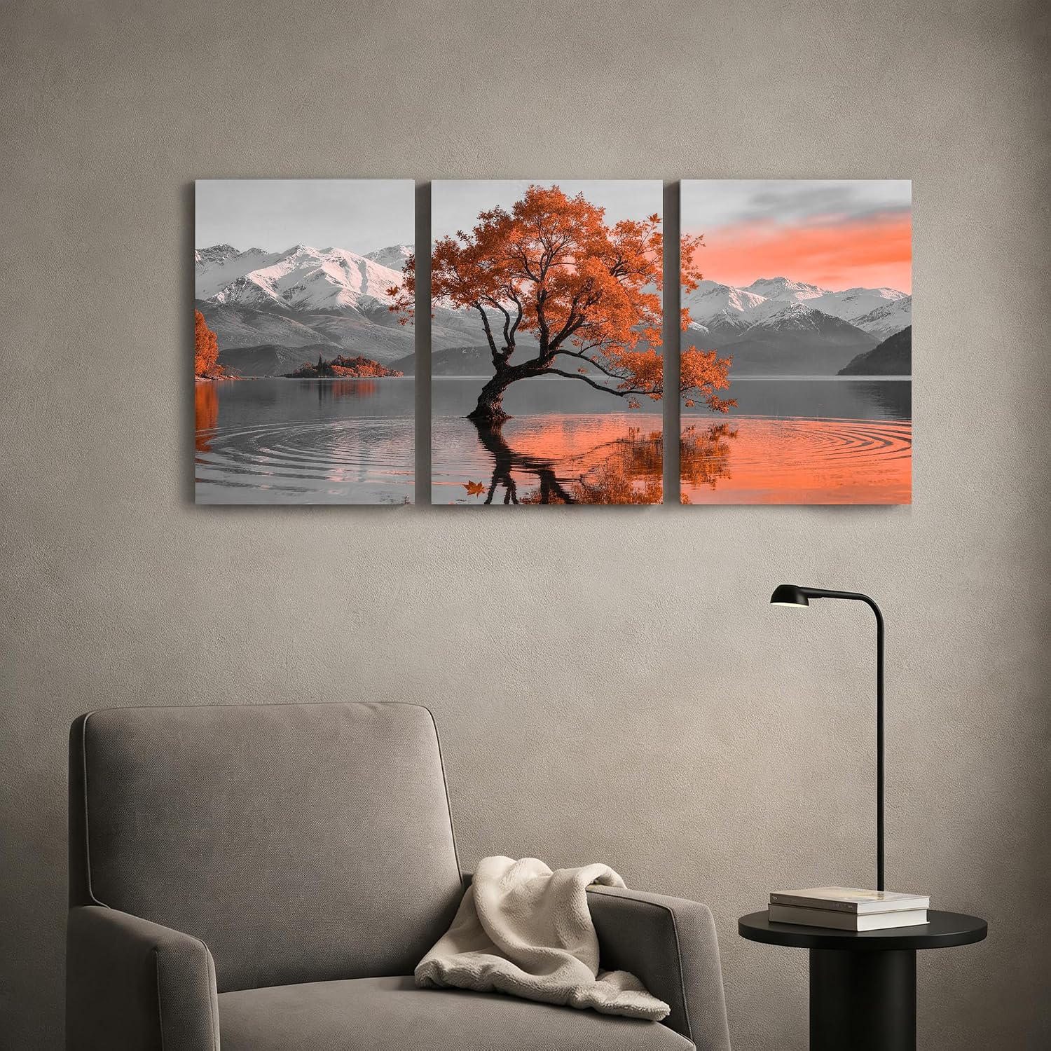 3 Piece Orange Tree Mountain Lake Canvas Wall Art Set, Modern Nature Landscape Canvas Prints, Sunset Lake Wall Decor for Living Room Bedroom Office, 12x16 Inch Framed Canvas Artwork (orange)