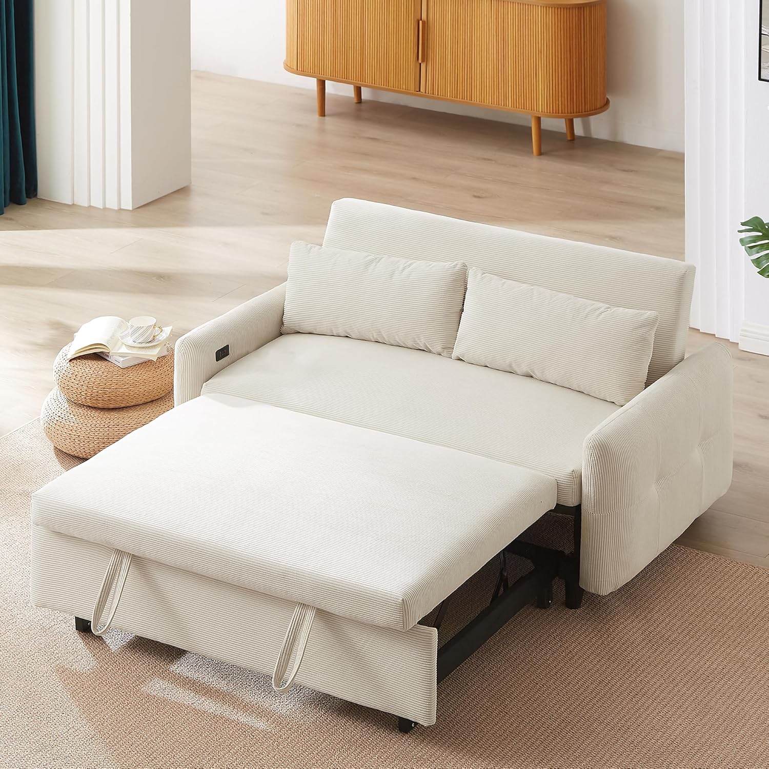 ( similar to stock photo. Incomplete 1 of 2) 57.48\" Pull Out Sofa Bed Convertible Couch 2 Seat Loveseat Sofa Modern Sleeper Sofa with Two Throw Pillows and USB Ports for Living Room, Beige