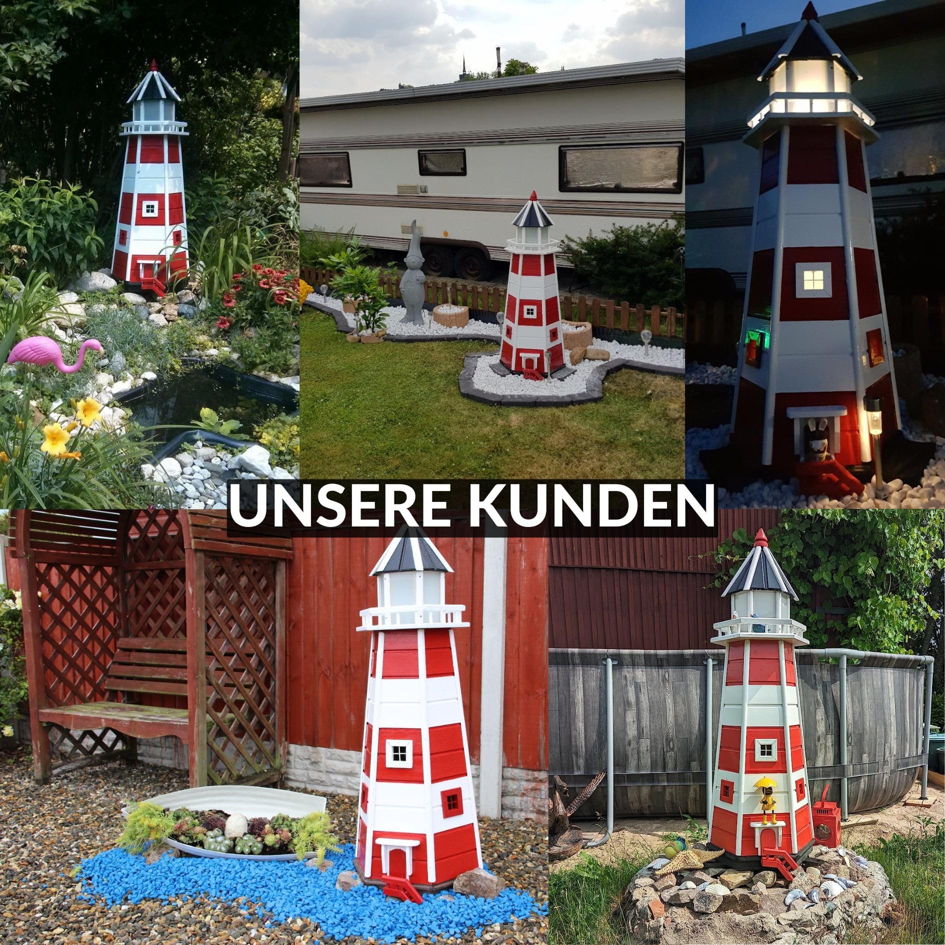 Deko-Shop-Hannusch Wunderschöner großer XXL Leuchtturm aus Holz mit SOLAR Beleuchtung Größen, Solarbeleuchtung, (rot/Weiss, 1,10 m)