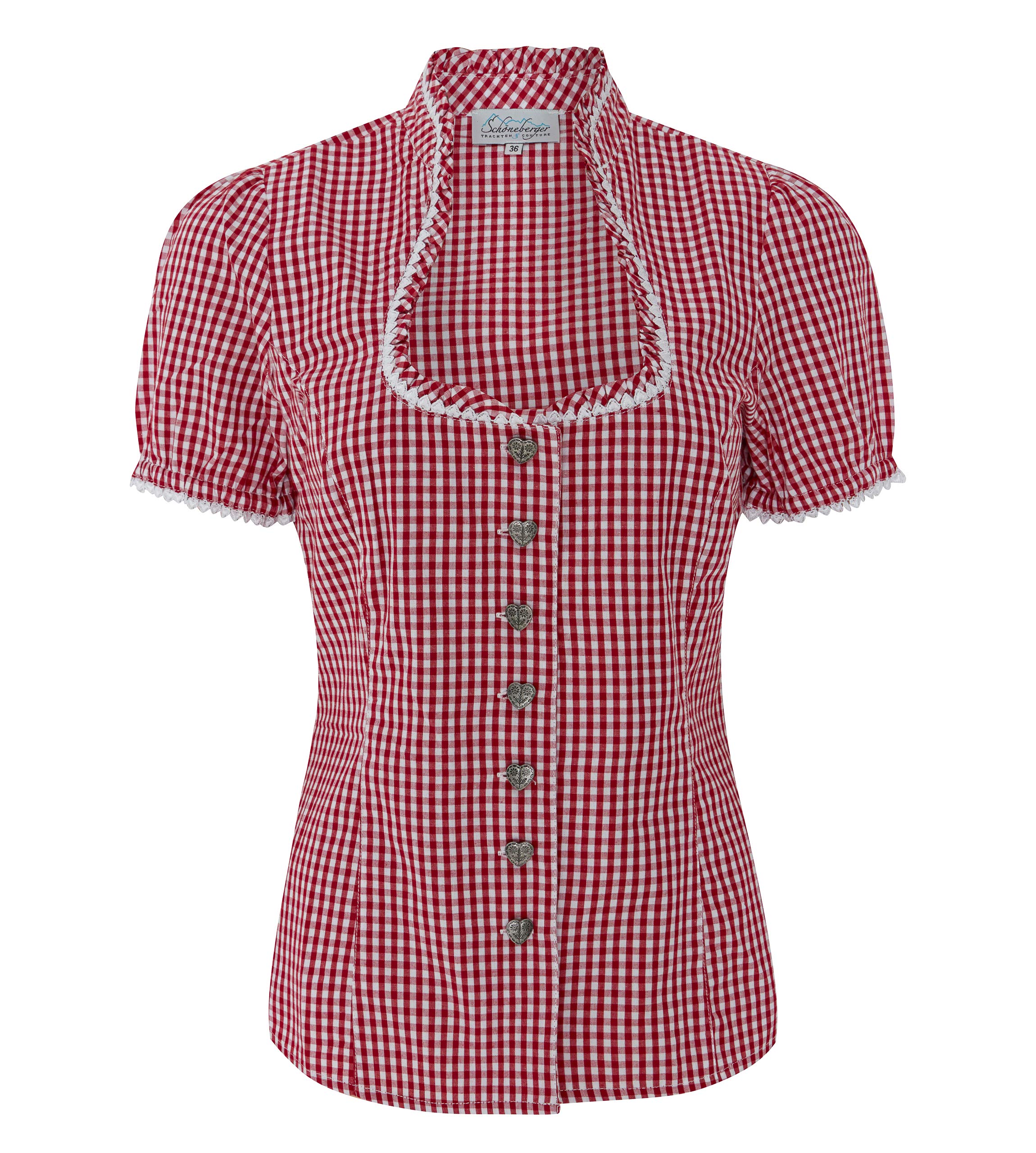 Trachtenbluse Jasmin rot/Weiss kariert - traditionelle, taillierte Trachten Bluse mit Stehkragen & Herzknöpfen