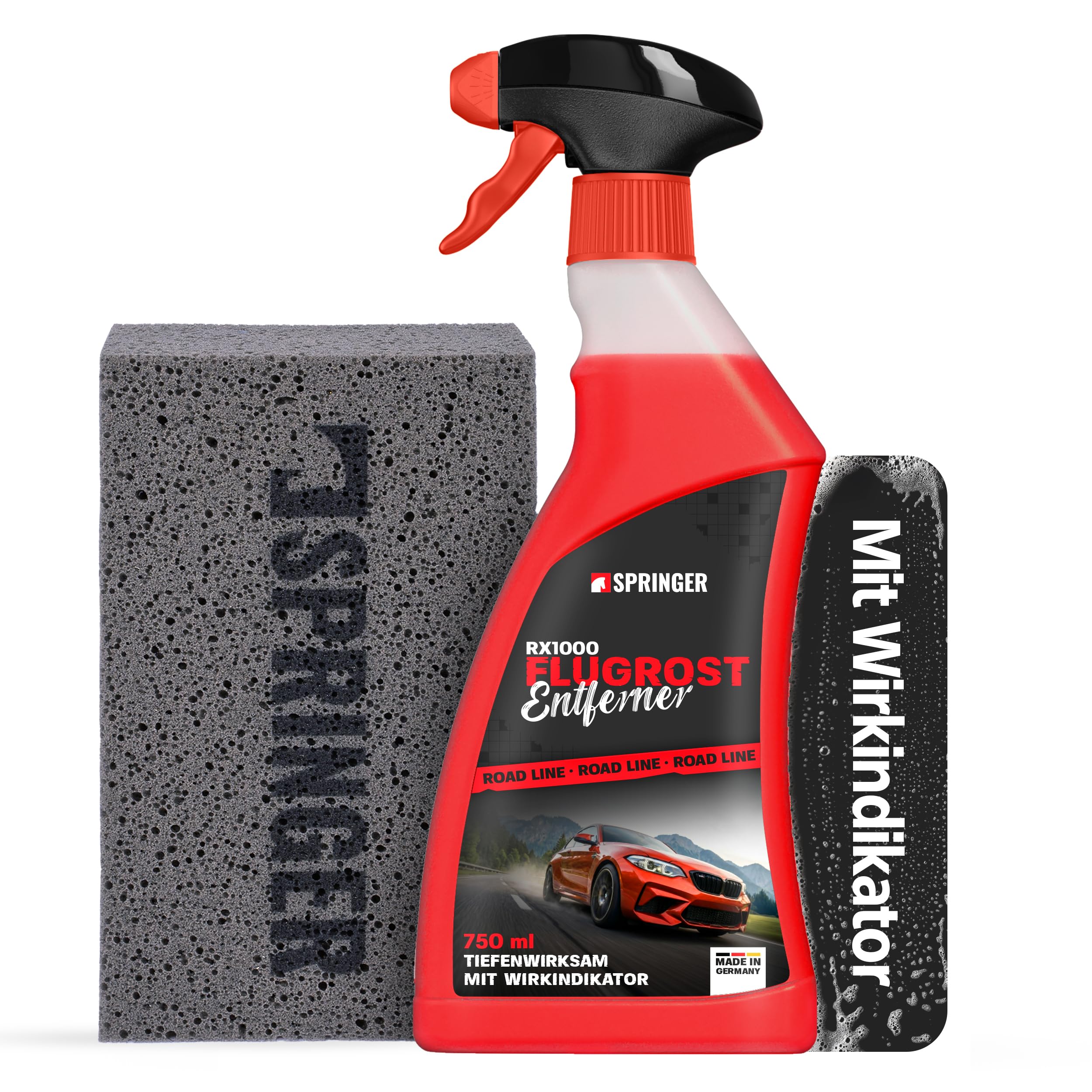 SPRINGER RX1000 - - Flugrostentferner 750 ml + Schwamm - - Made in Germany - - Schonender & tiefenwirksamer Rost-Reiniger - - Rostentferner für Flugrost, Korrosionsspuren, Industriestaub, etc.