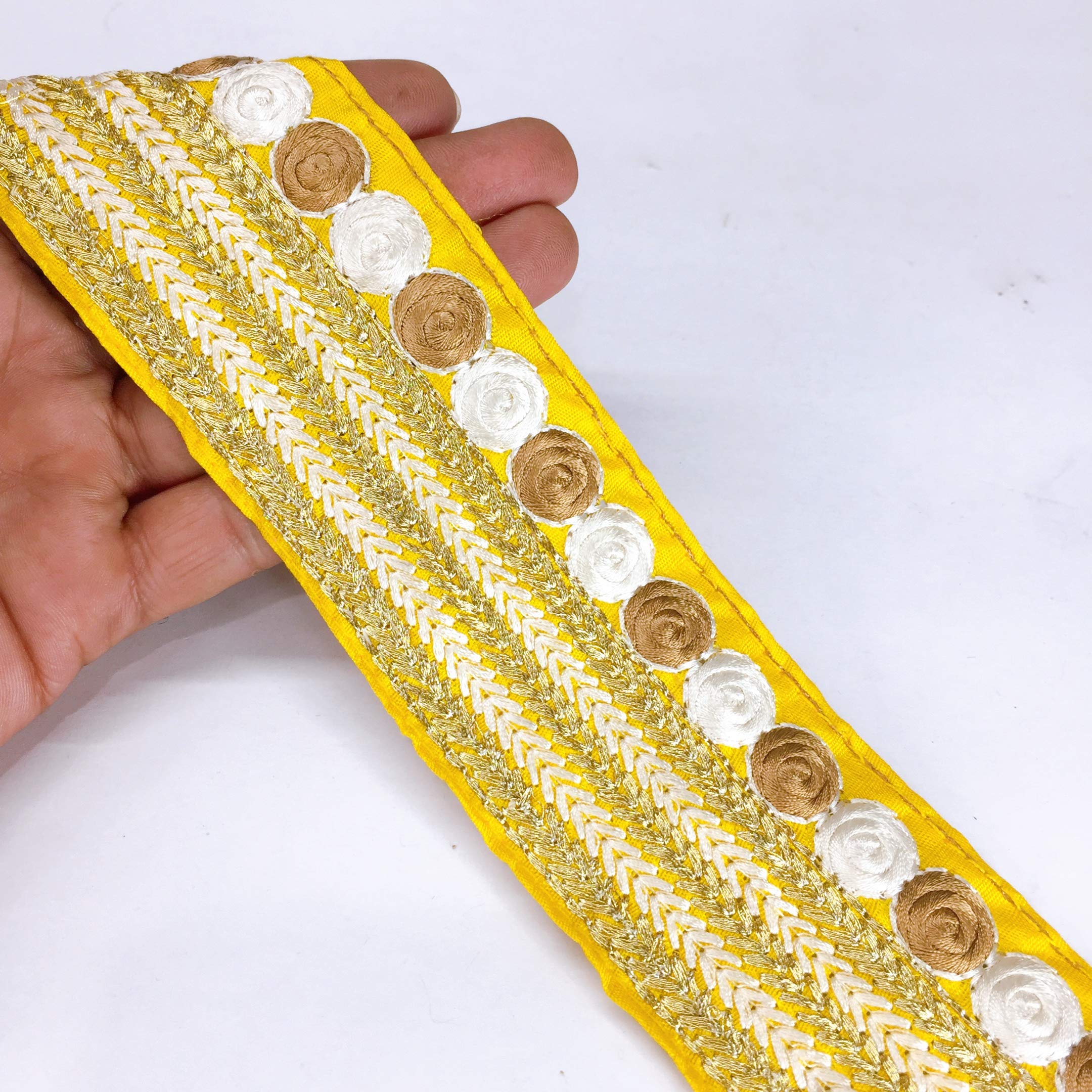 Lami 9 Meter Yellow Flower Design Border Lace with Golden Jari Zari for Saree Border Bridal Lehenga Ribbon for Decoration Dupatta Lace