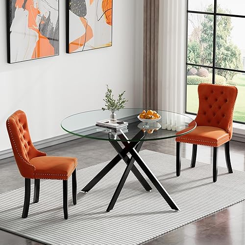 Miniatura 51 de Juego de mesa de comedor de cristal dorado moderno de 51 pulgadas para 4, juego de mesa de comedor rectangular de 5 piezas con patas cruzadas