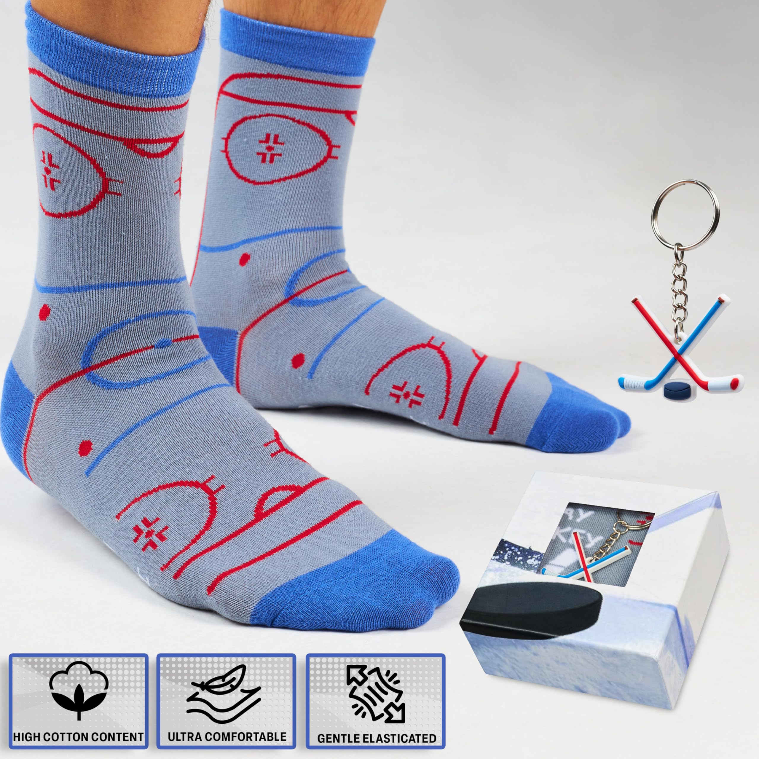 Get Trend Ice Hockey Mens Socks With Keychain Set Funny Hockey Accessories, Gifts for Him, Husband, Boyfriend (8/13 US, Grey Hockey)