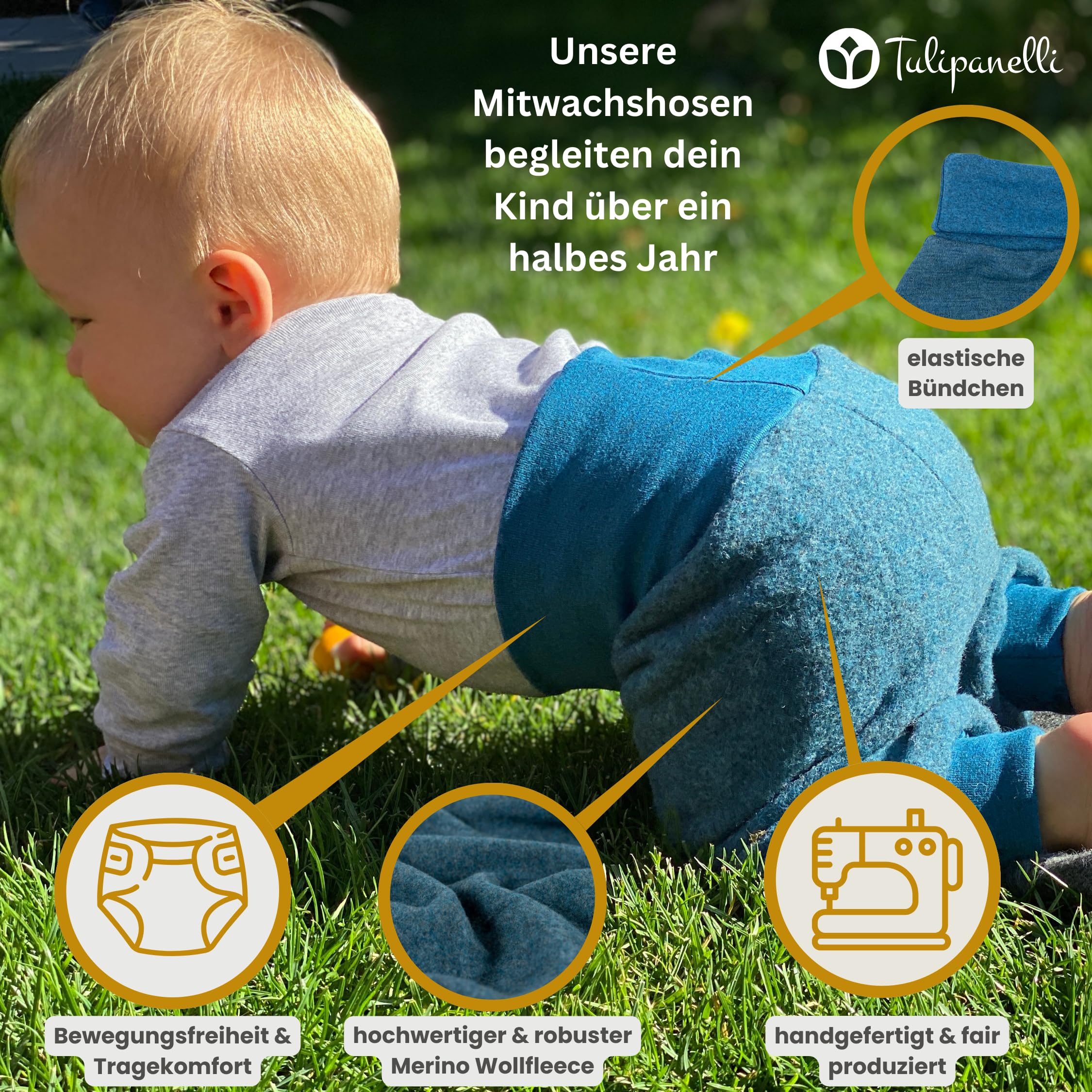Tulipanelli Mitwachsende Babyhose aus Merino Wollfleece - Wollhose für Babys und Kleinkinder - Mitwachshose aus Merinowolle - Größen 50-74 | 68-86 | 92-104 - Einfarbig Unifarben
