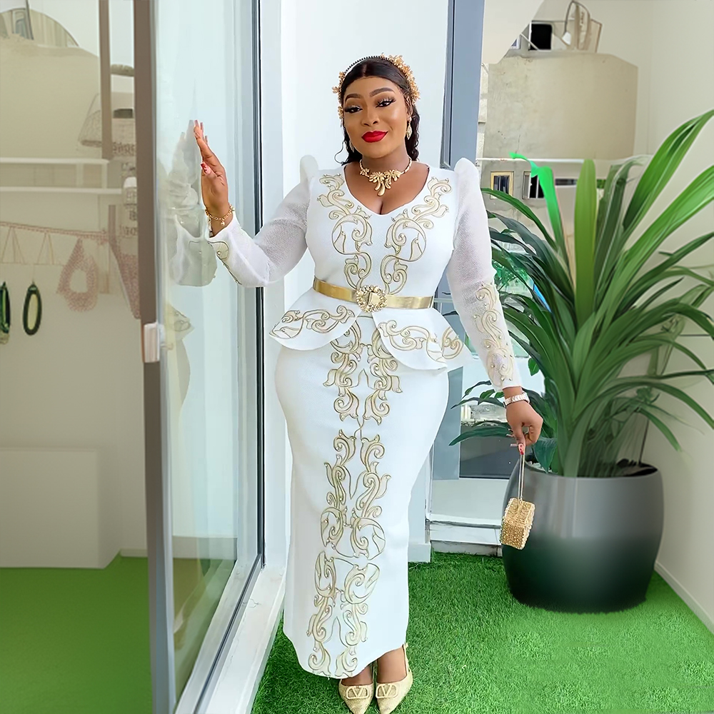 Amazon.com: Plawden White Gold African Wedding Guest Dress with Belt Plus  Size Formal Dress for Curvy Women Nigerian Suits for Church White L :  Clothing, Shoes & Jewelry
