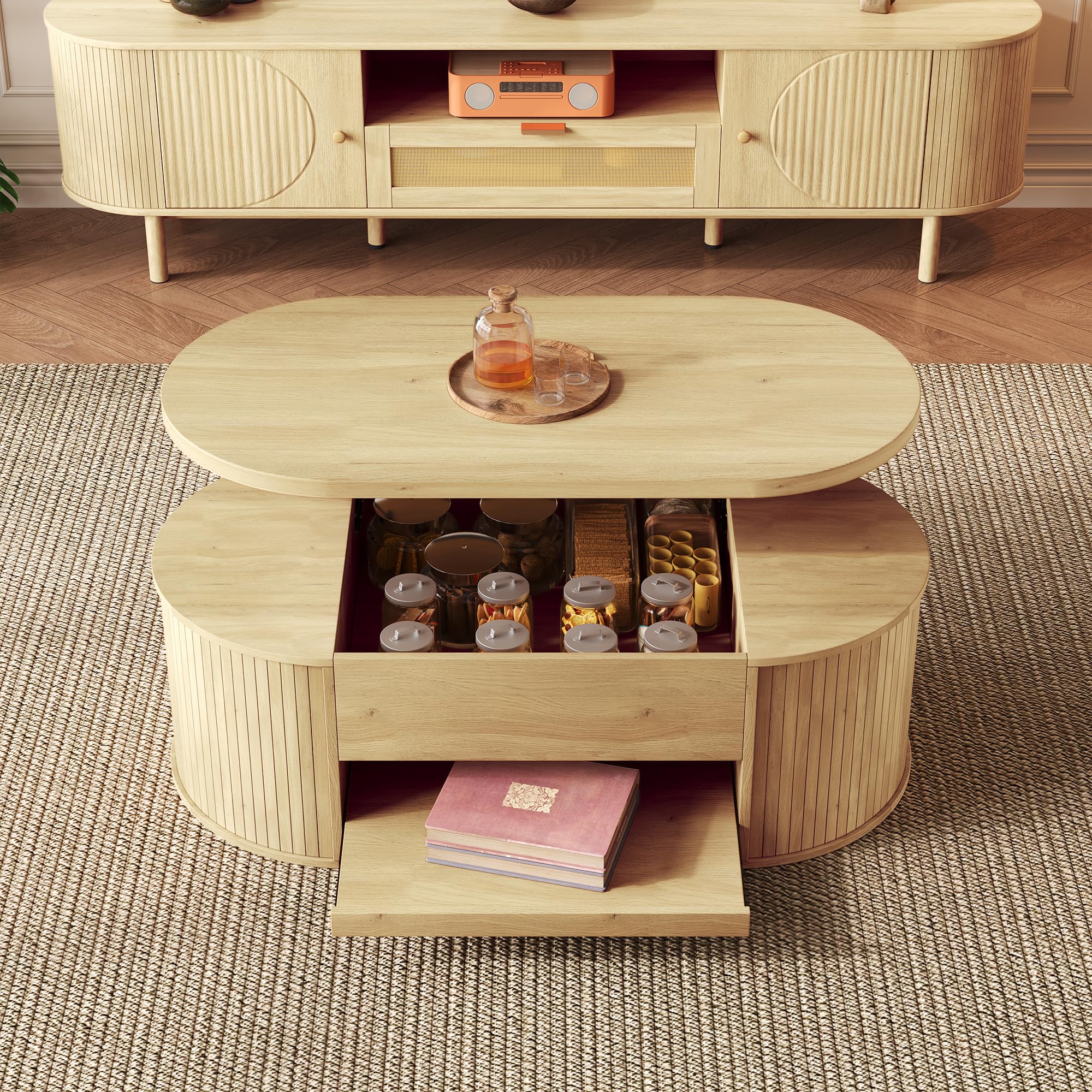 Merax Lift Top Coffee Table with Storage, Modern Coffee Table with Curved Wooden Sides, Extendable Shelf, Height Adjustable Lift-Up Tabletop, Multifunctional Centre Table for Living Room, Natural Oak
