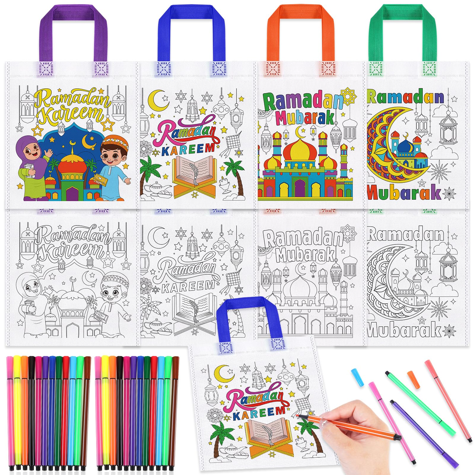 HOWAF 12 Colour Your Own Ramadan Bags, DIY Graffiti Ramadan Gift Bags, Non-Woven Ramadan Mubarak Gift Bags