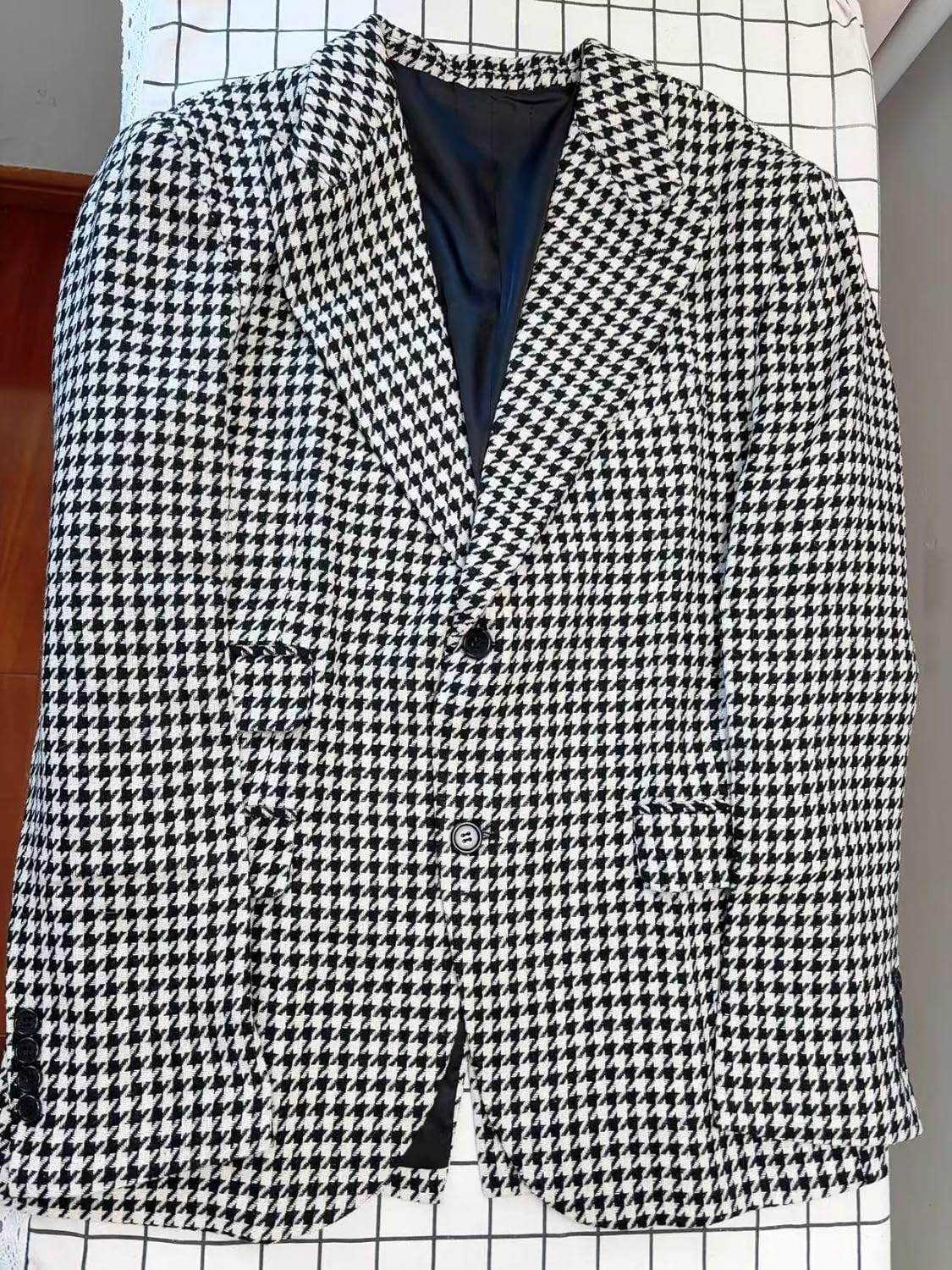 Premium Houndstooth Dogstooth Plaid Slim Fit Tuxedo Prom Wedding Groom Suits Set Jacket Blazer Pants Sport Coat