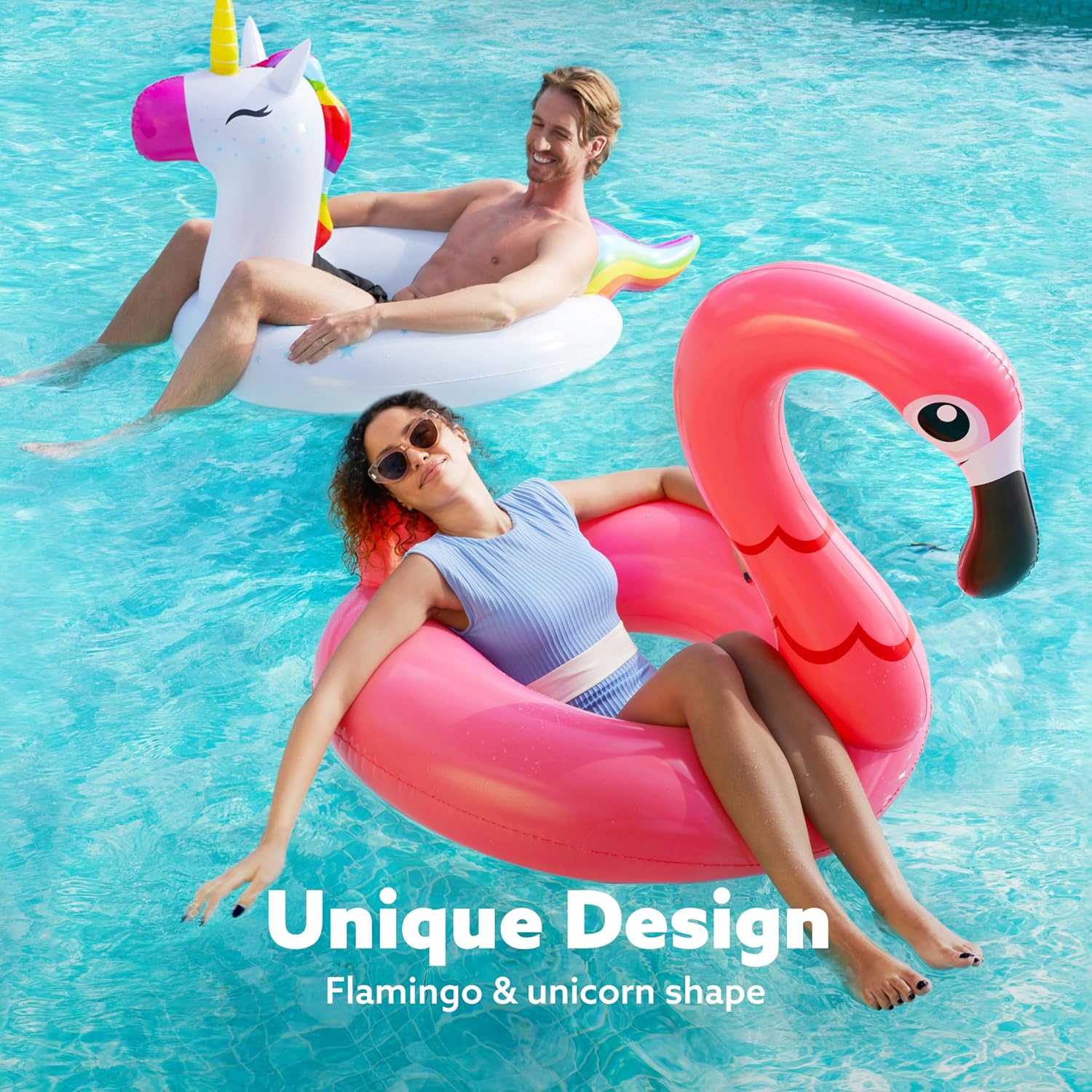 SLOOSH 2-Pack Unicorn Flamingo Pool Floats - Inflatable Pool Floaties Swimming Party Decorations, Fun Float Swim Rings Floating Tubes Beach Lake Summer Vacation Floaty with Headrest for Adults Kids