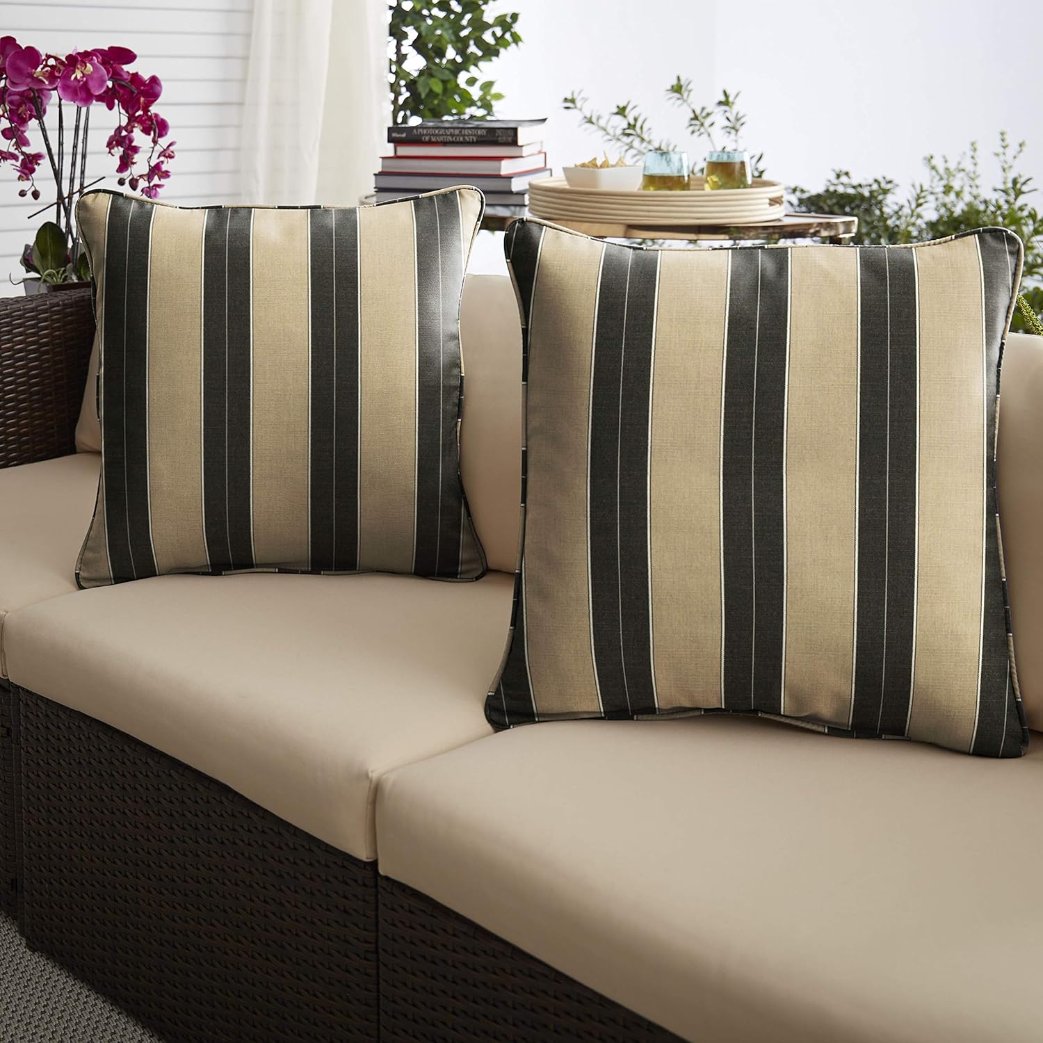 Mozaic Company AZPS0051 Indoor Outdoor Sunbrella Square Pillow with Corded Edges, Set of 2, 20 x 20, Brown & Black Stripes