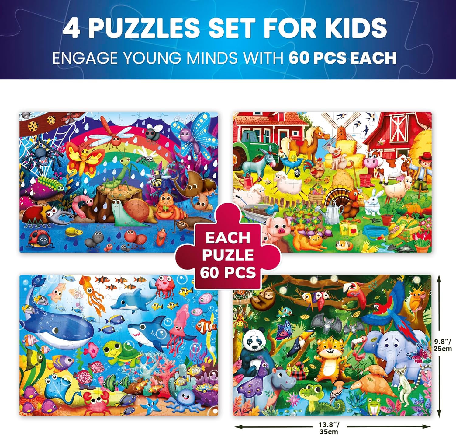 QUOKKA 4x60 Piece Puzzles for Kids Ages 4-6 – Glow-in-The-Dark Puzzles for Kids 4-8 I Farm Bugs Tropical & Ocean Animals I Fun Educational Toddler Puzzle for Boys & Girls – Educational Game Toys Gift