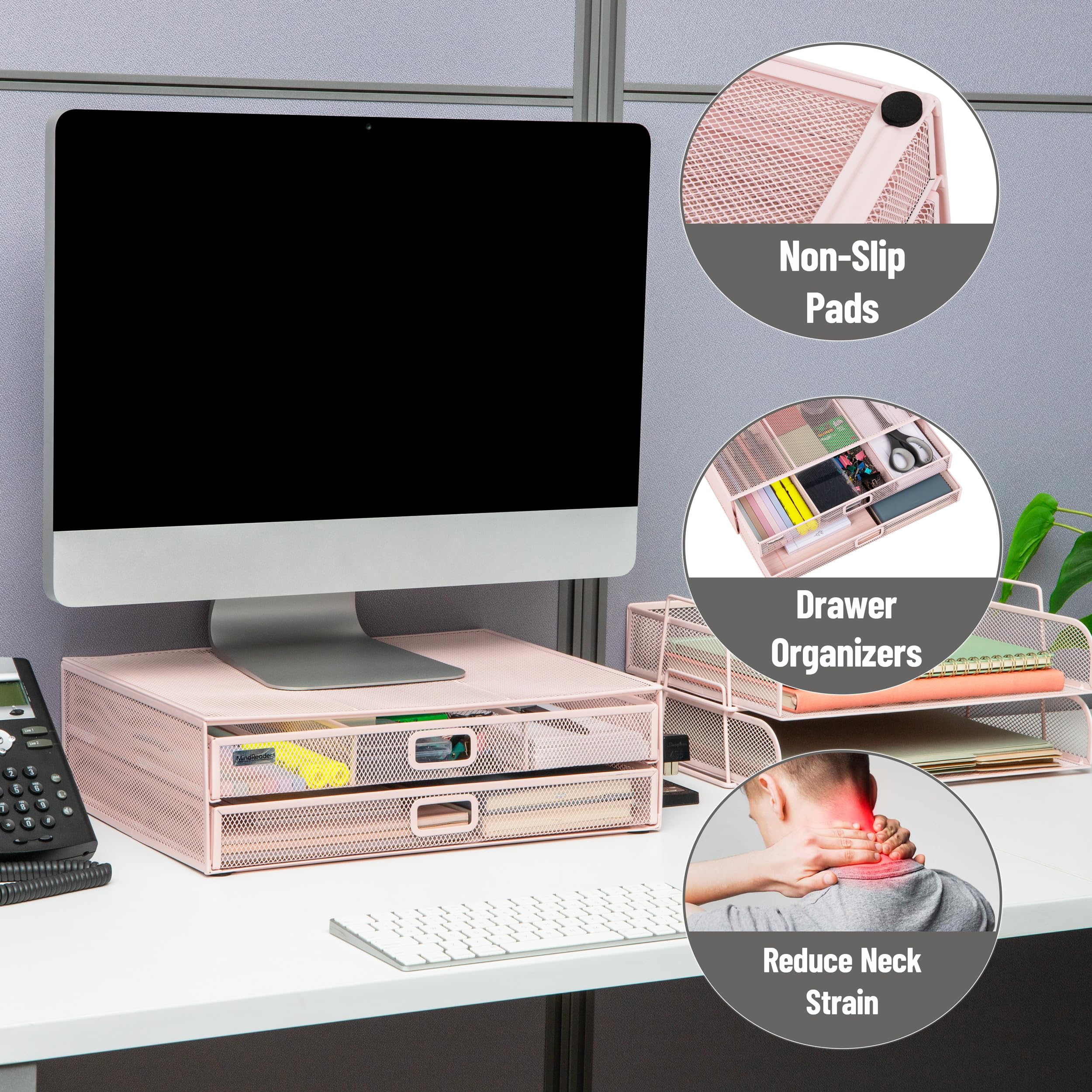 Mind Reader Supporto per monitor in rete con cassetto portaoggetti, alzata ventilata per laptop e organizer da scrivania, per ufficio, rete metallica, rosa