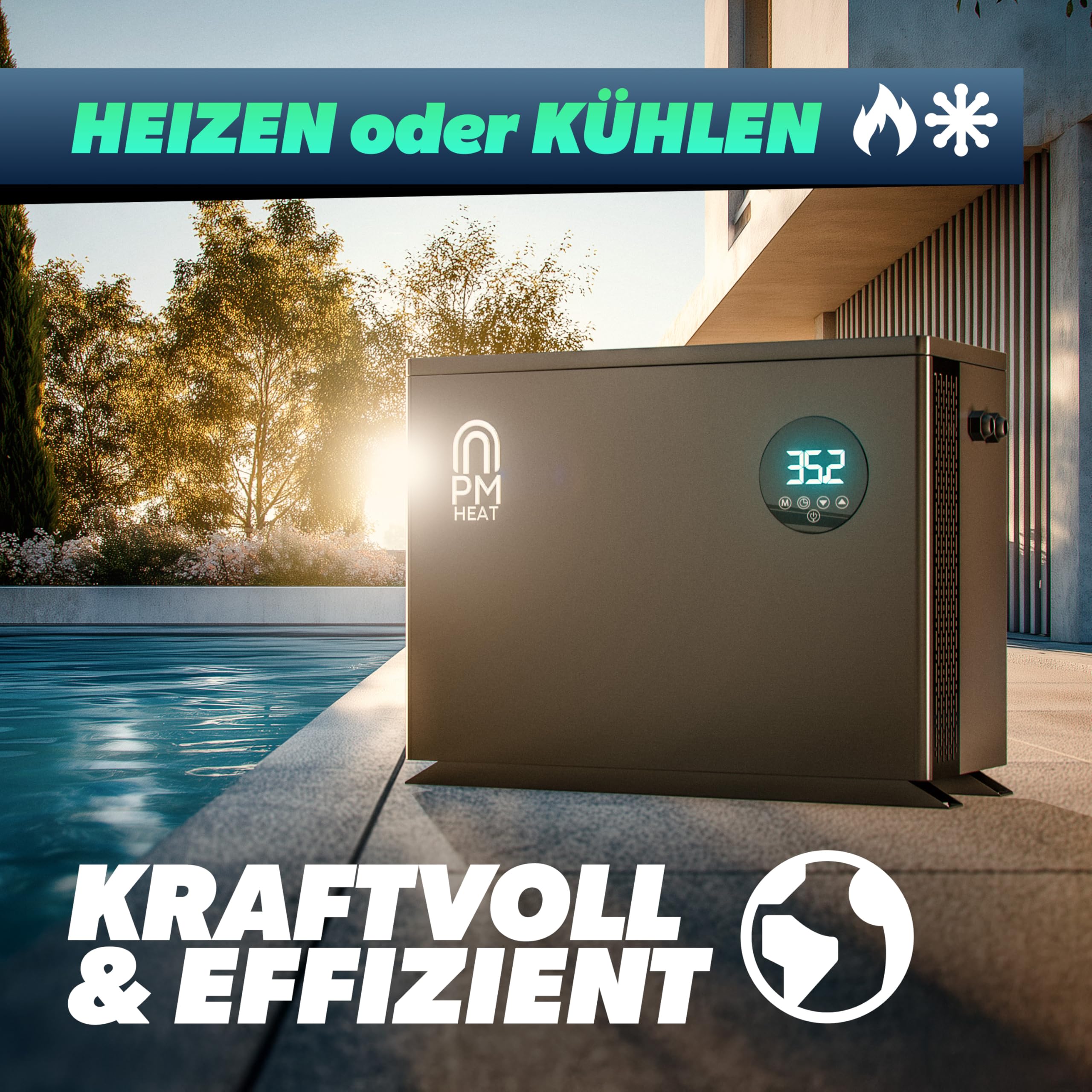 poolomio® Wärmepumpe Pool 20 bis 55m³ | Effiziente Full Inverter Wärmepumpe Invermo 9,5 kW mit Smarter App-Steuerung | Ultra leise Poolheizung mit Smarter App-Steuerung (9.500 Watt, COP 15)