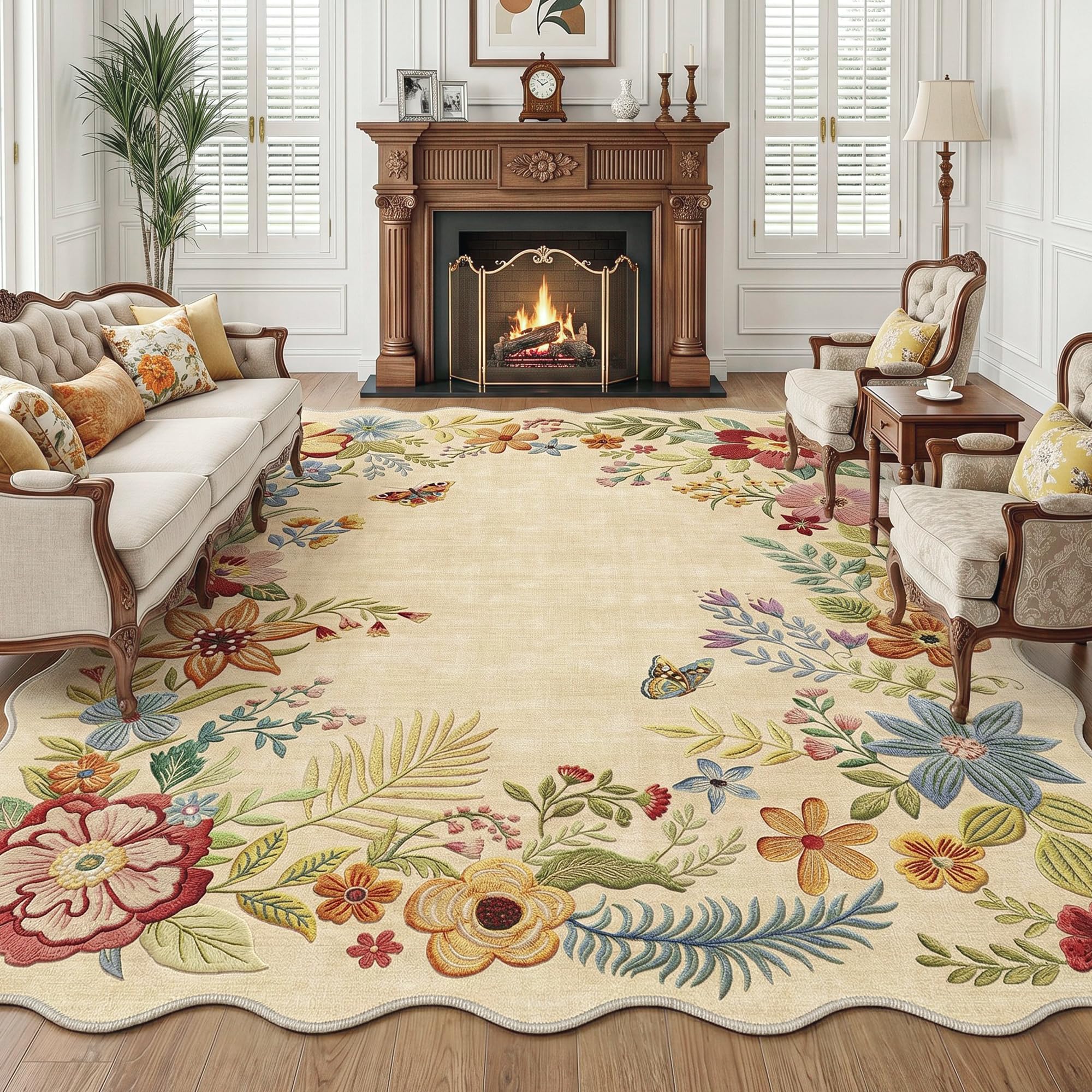 Beauoop 200X300 cm Beige Blumenmuster Waschbarer Teppich Wohnzimmer Vintage | Kurzflor Weich Rutschfest Groß Floraler Teppiche Gegnd Esszimmer Büro Carpet for Living Room Bedroom Rugs