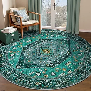 SERISSA Boho Round Area Rug, 5ft Washable Non-Slip Circle Rug, Ultra Soft Oriental Vintage Teal Low-Pile Circular Carpet for Bedroom Entryway Kids Room Office College Dorm Living Room