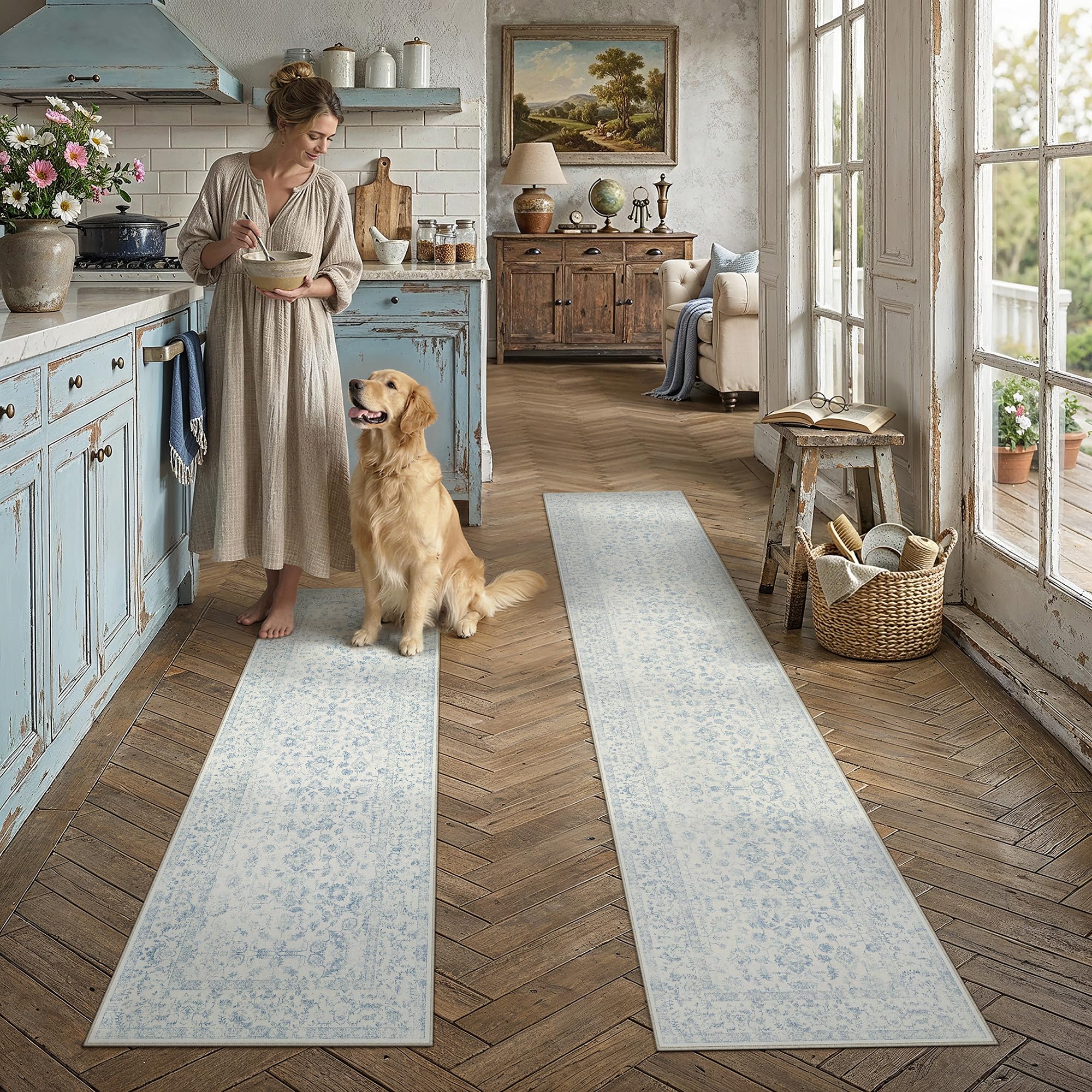 PureCozy 2'x6'+2'x10' Blue 2-Piece Kitchen Rug Set with Runner