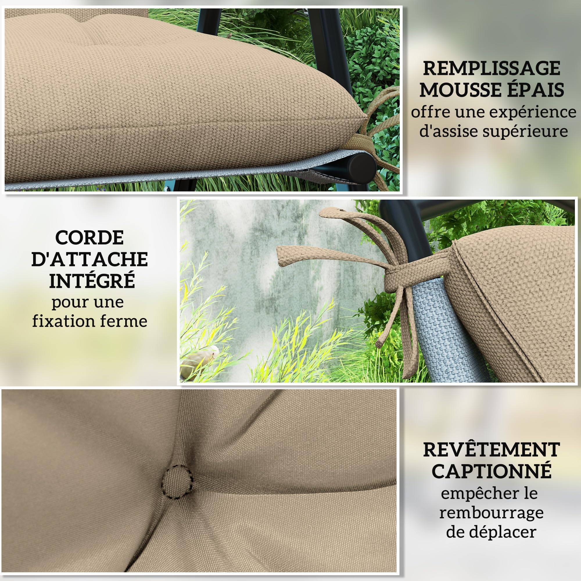Outsunny Lot de 2 Coussins de Chaise d'extérieur, Galette de Chaise avec Attaches, Coussins de Jardin pour terrasse ou Balcon, 98 x 50 x 8 cm, Beige