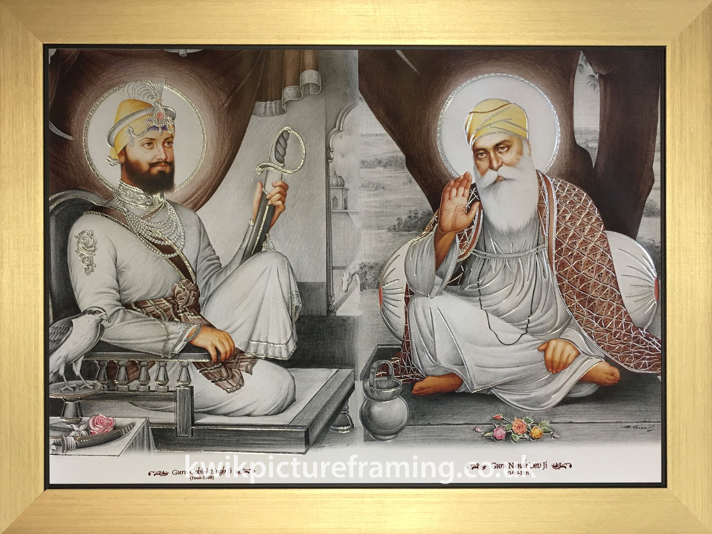 Kwik Picture Framing Ltd Gold Guru Nanak Dev Ji Picture Frame With Guru Gobind Singh Ji | 16 X 12 Inch Sikh Religious Wall Art Display | Rectangular Stand Or Wall Mount Frame | Made In Uk