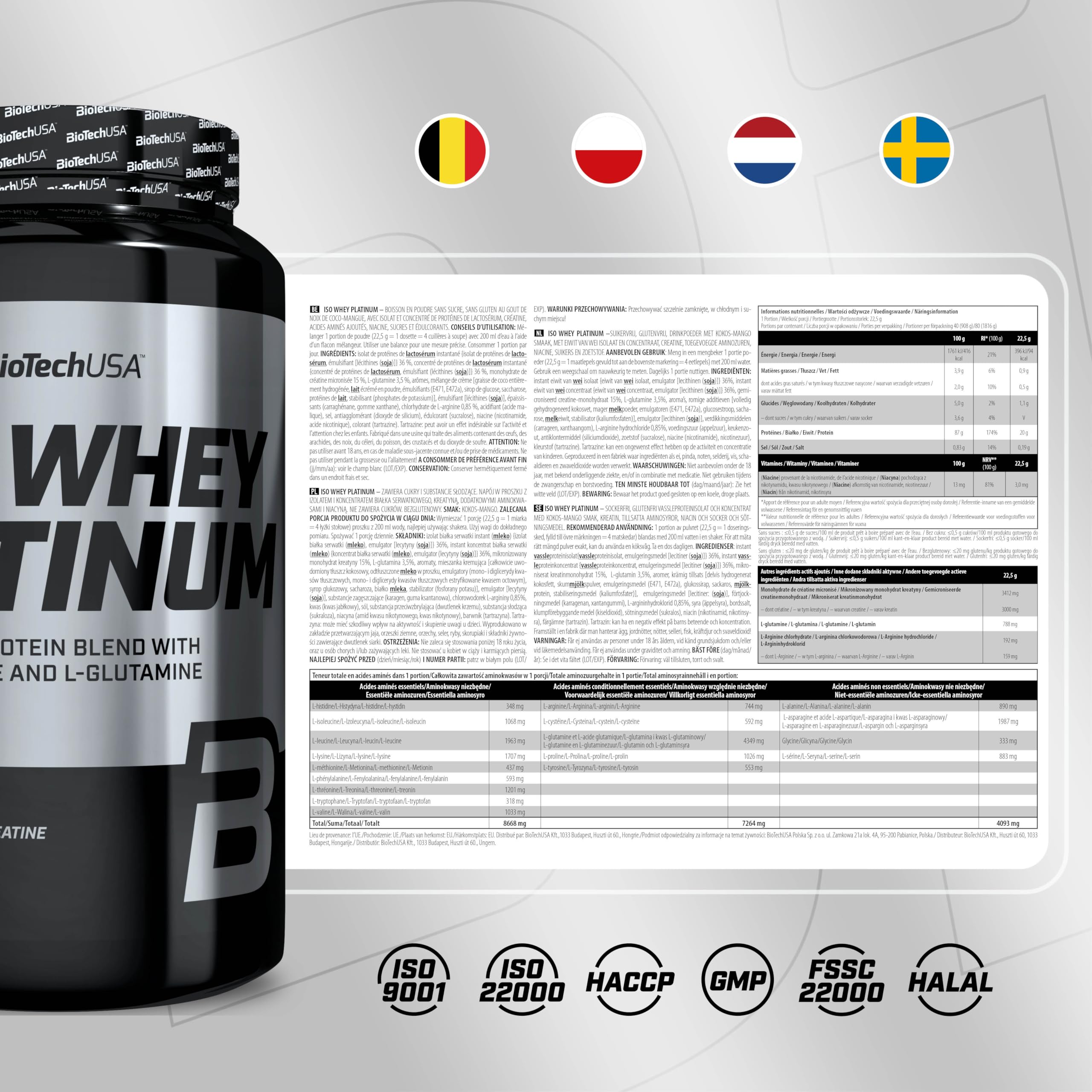 BioTechUSA Iso Whey Platinum | Izolat i koncentrat białka serwatkowego w proszku | 3 g kreatyny w porcji | Zawiera cynk i witaminę B3 | 1816 g, Kokos-Mango
