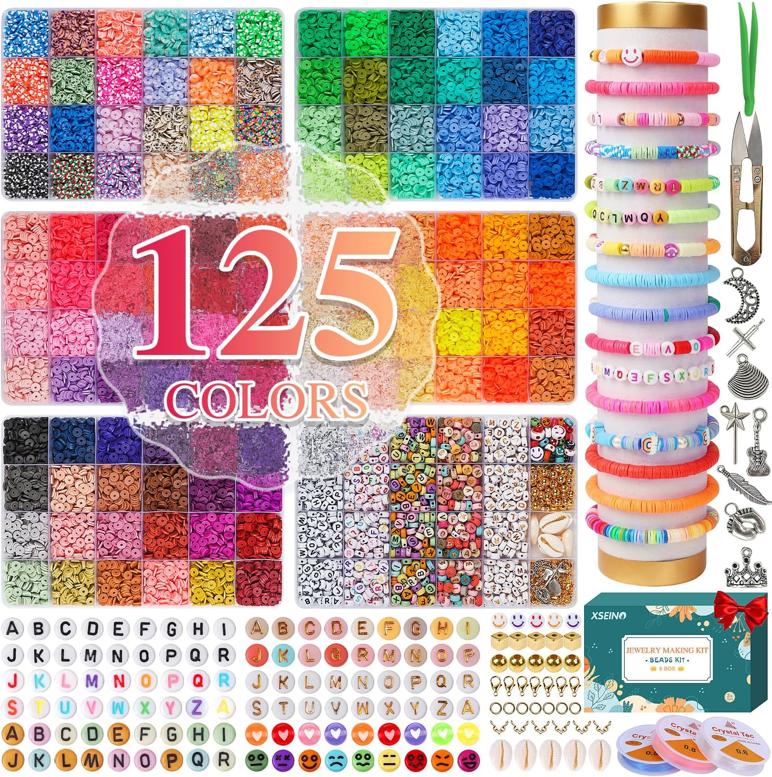 XSEINO 23000Pcs Clay Beads Bracelet Making Kit, 6Boxes 125Colors Friendship Polymer Beads and 5 Styles Letter Beads with Jewelry Making Accessories and 3 Rolls Crystal Cord for Crafts Christmas Gifts
