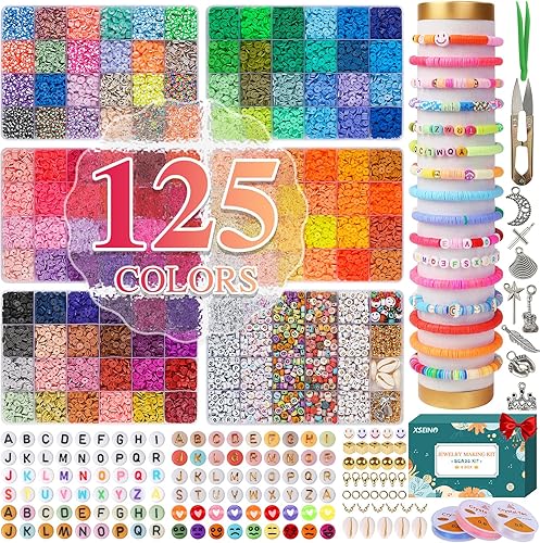 XSEINO Kit de 23000 cuentas de arcilla para hacer pulseras, 6 cajas de 125 colores de cuentas de polímero de amistad y 5 estilos de cuentas de