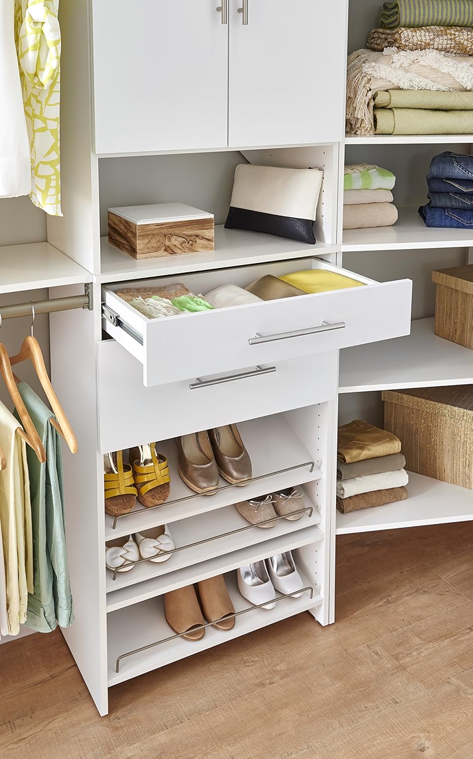 ClosetMaid SuiteSymphony Wood Closet Drawer, Add On Accessory, Modern Style, For Storage, Closet, Clothes, 25” x 5” Size for 25 in. Units, Pure White/Satin Nickel