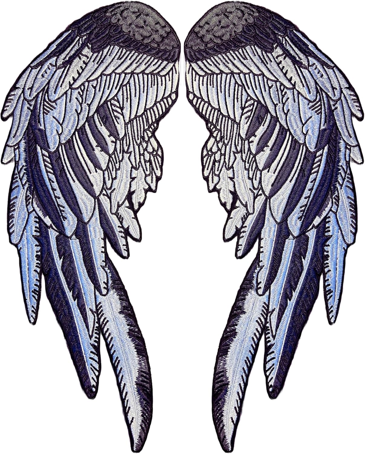 Angel Wings Iron-On Patch Set – Dark Grey and Black Embroidered Feather Design for Biker Chicks and Lady Riders