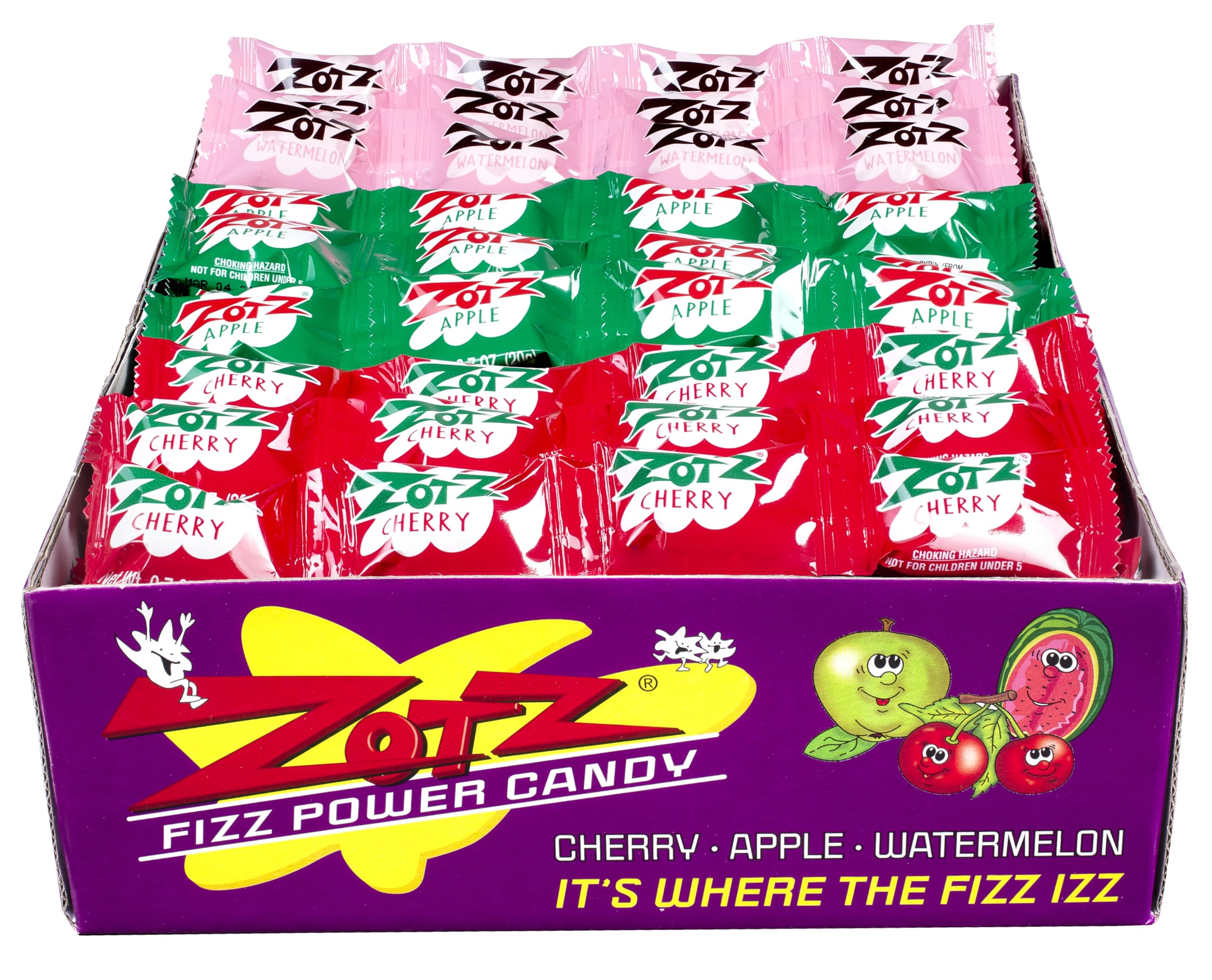 Zotz Fizzy Old Fashioned Hard Candy Assorted Fruit Flavored, Cherry, Apple, Watermelon Individually Wrapped. Filled With A Fizzy Center, From Italy Since 1970 (48 Strings, Total 192 Units)