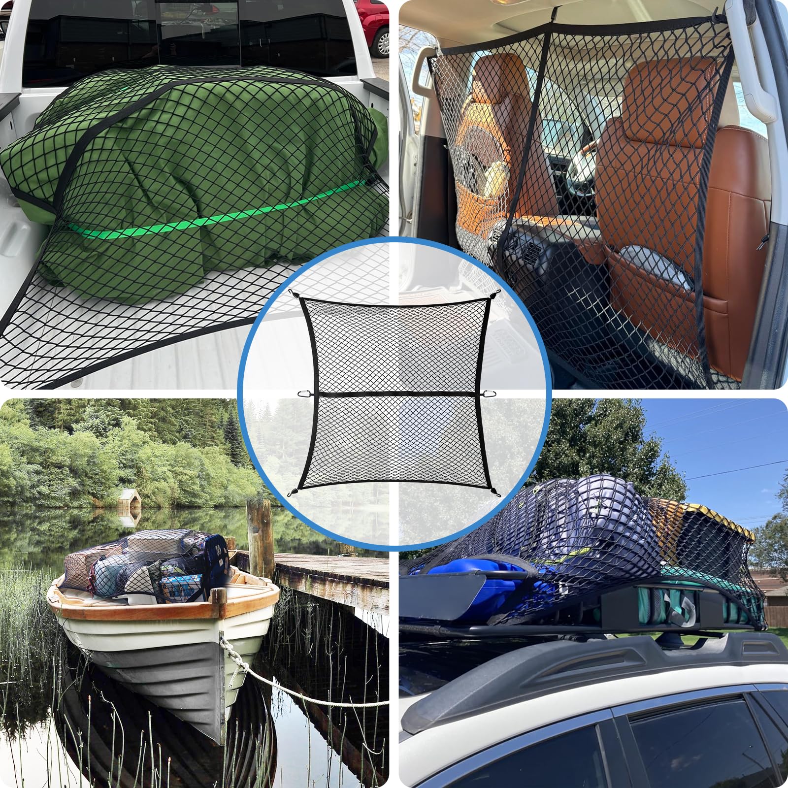 Filets pour Auto, Filet Rangement Van, Elastique Filet de Tension avec Crochets, Filet pour Remorque 1,2 x 1,2 m Extensible Jusqu'à 2,1 x 2,1 m, Filet de Fret pour Pick-up, Camion