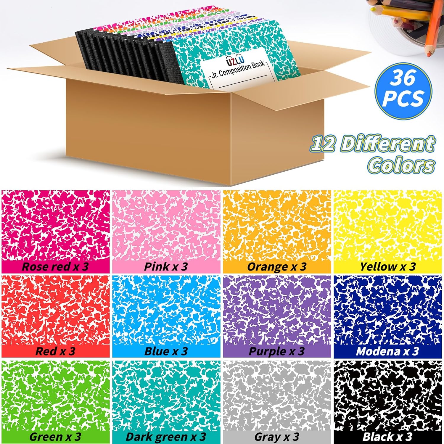 36 Pack Composition Notebooks Bulk Wide Ruled 4-7/8"x 7.5" Half Size Composition Books 60 Sheets Mini Notebook 12 Color Small Pocket Marble Journal Books for Students College Office Back to School Supplies