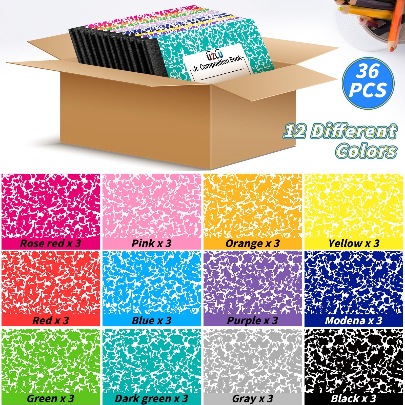 Confezione da 36 quaderni di composizione a righe larghe 4-7/8 "x 19,1 cm, 60 fogli mini quaderni a 12 colori, piccola tasca in marmo, libri per studenti, università, ufficio, rientro a scuola
