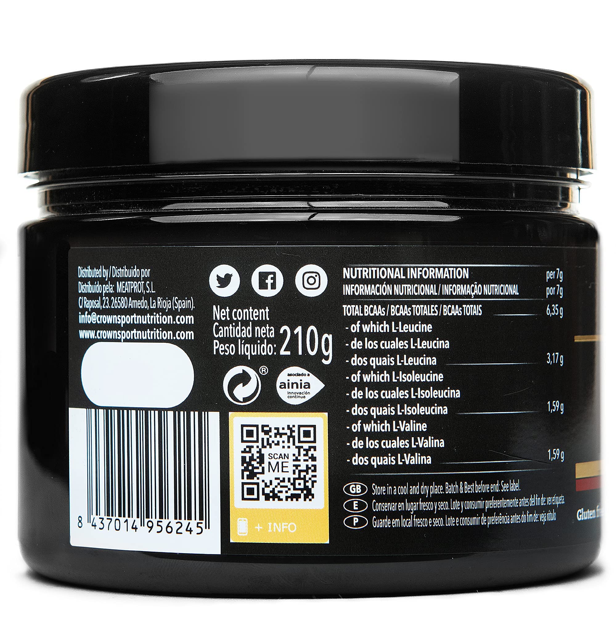 Crown Sport Nutrition BCAA 2:1:1 Instant Acides aminés à dissolution instantanée pour sportifs Saveur pomme verte 210 g