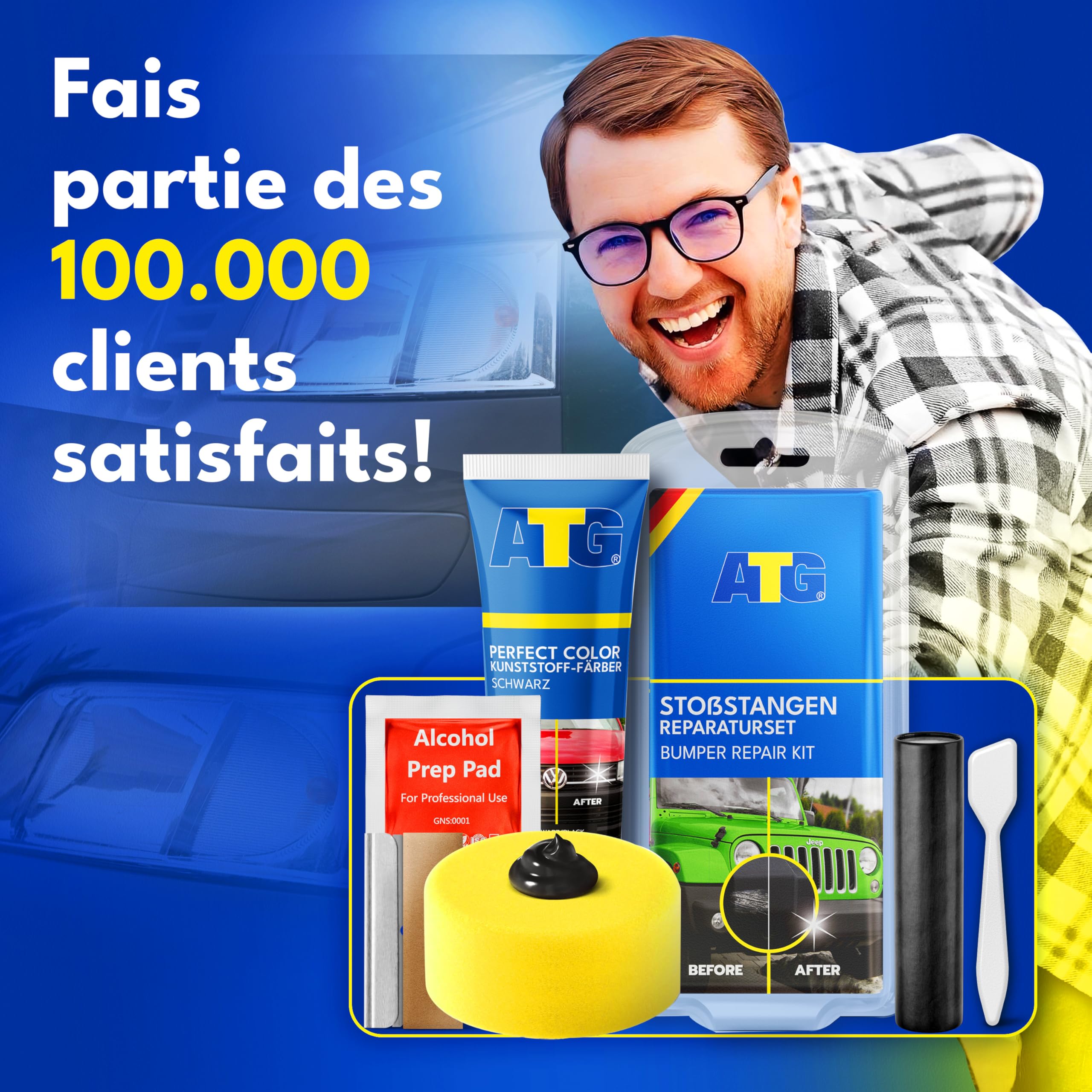 ATG® Kit Réparation Pare Choc Noir – Efface Rayure Plastique, Rénovateur Plastique Extérieur, Peinture Plastique Noir & Mastic Réparation