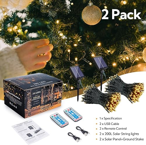 Vista 7 de woohaha 2 Pack Solar Outdoor String Lights,Total 144ft 400 LED Solar Christmas Lights with Remote and Timer, 8 Modes Twinkle Lights Outdoor Blanco