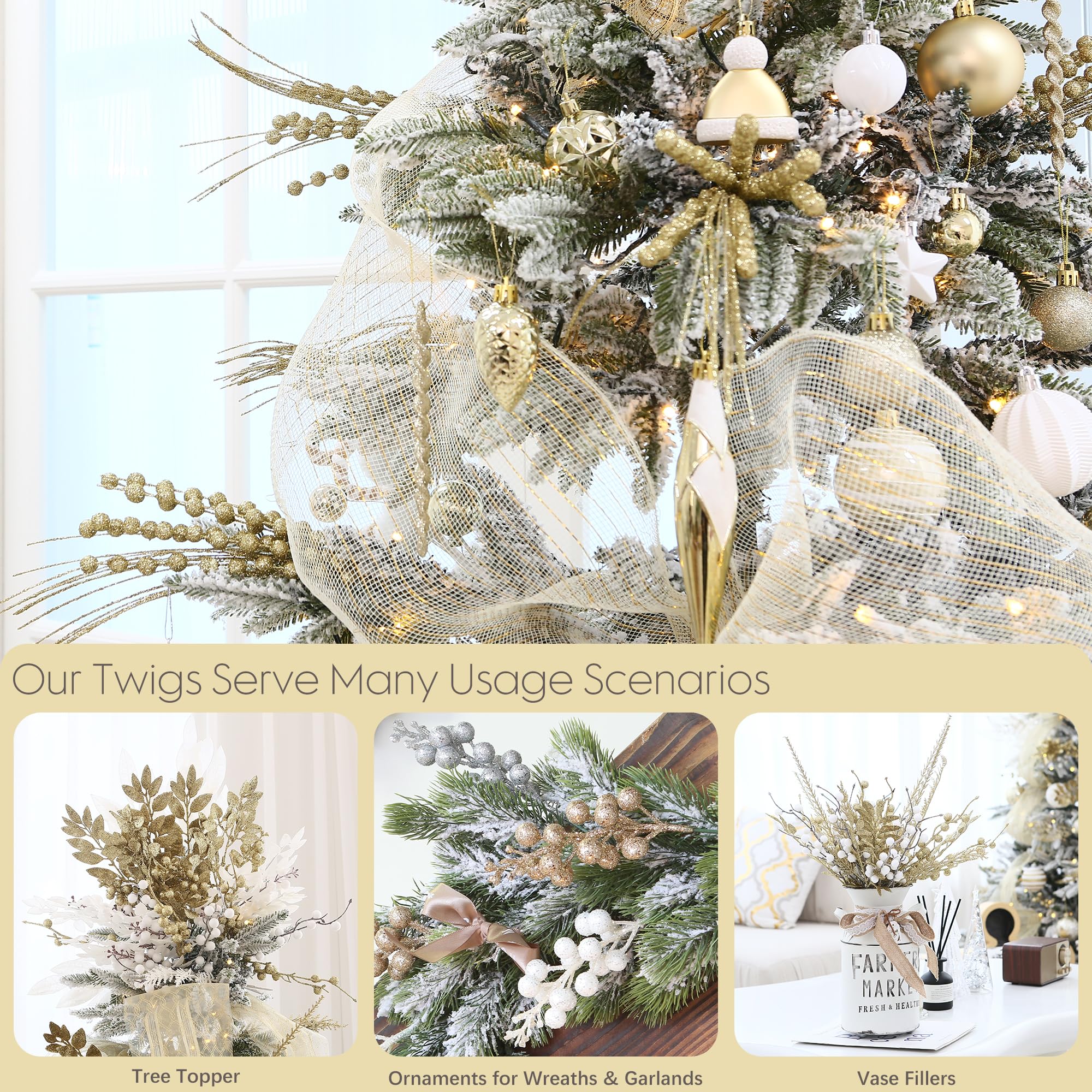 Sea Team 24-Pack Decorative Christmas Tree Branches, Fluffy Glittery Bead Twigs, Tree Toppers, Vase Fillers, Stems, Picks for Christmas Tree, Wreath, Garland, 16.5-Inch, Gold - Image 3