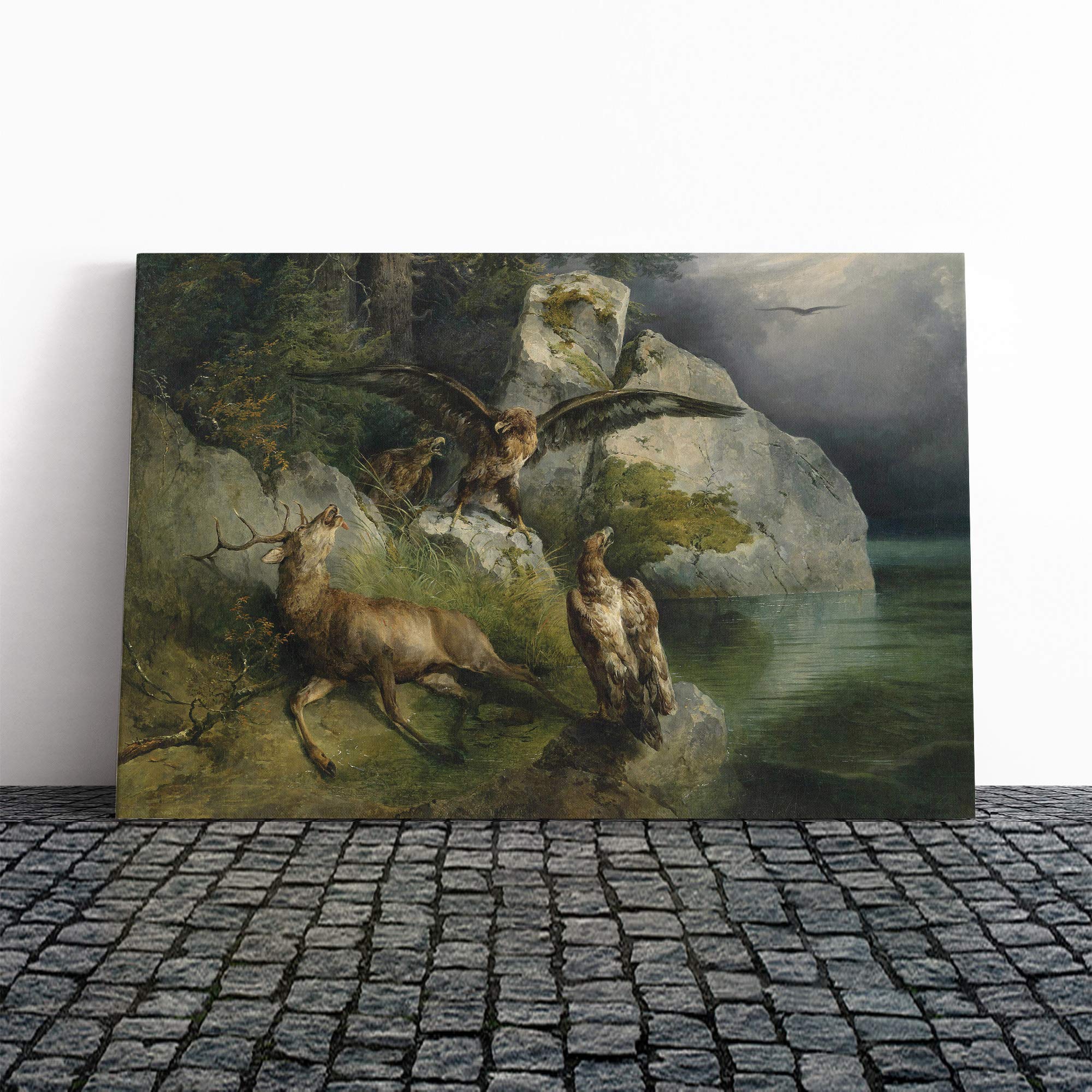 Friedrich Gauermann Eagles, Stag and Deer Canvas Print | Gallery Wrapped 30mm Frame Wall Art | 30x20 inches | Ready to Hang | Classic Animals Picture | Living Room Bedroom Lounge Office
