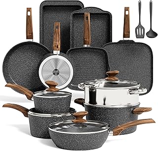 MAISON ARTS 17 Piece Pots and Pans Set Non Stick, Kitchen Cookware Sets with Nonstick Granite Stone Coating, Suitable for Induction Cooktops, Black