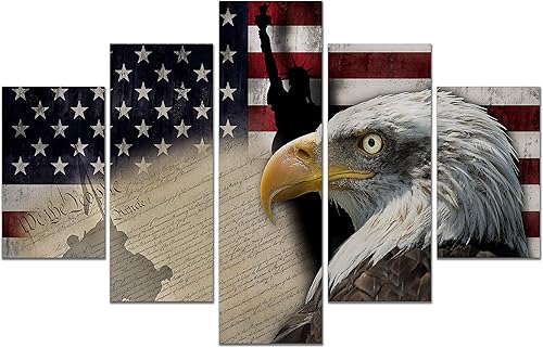 Miniatura 9 de 5 piezas de lienzo grande con bandera estadounidense de águila calva, estatua de la libertad, arte de pared, póster vintage, impresión patriótica,