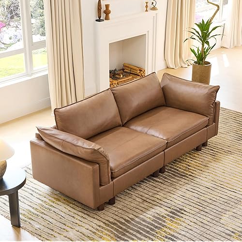 CHITA 92" Super Large Sectional Couches for Living Room, Modular Cloud Couch Sectional Sofa, Premium Genuine Leather Sofa, Down Filled, High Density Foam, Real Leather in Saddle, 2 Seater Loveseat