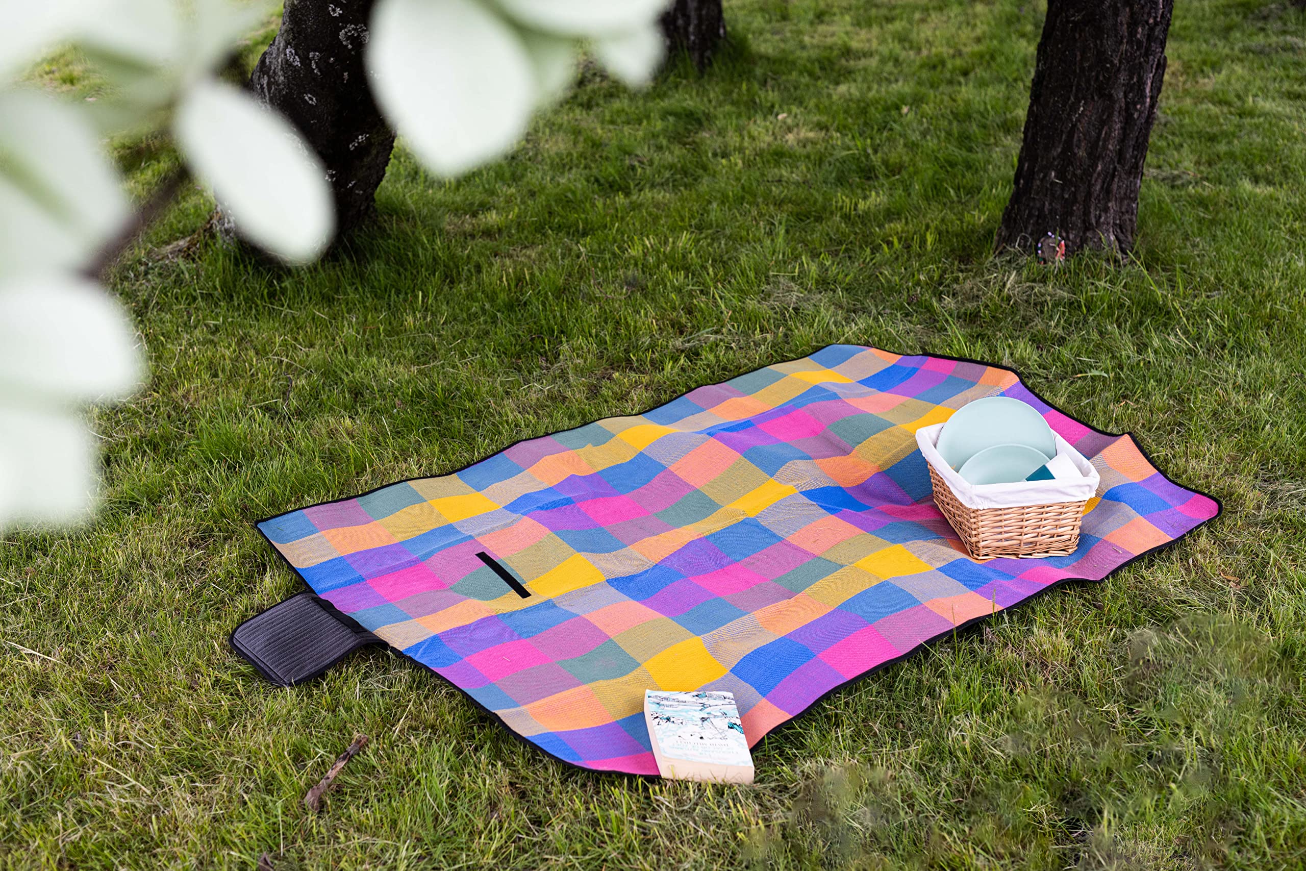 Couverture De Pique-nique Pliable Outdoor Adventure - Motif Tartan Bleu Et Vert, Légère Et Pratique