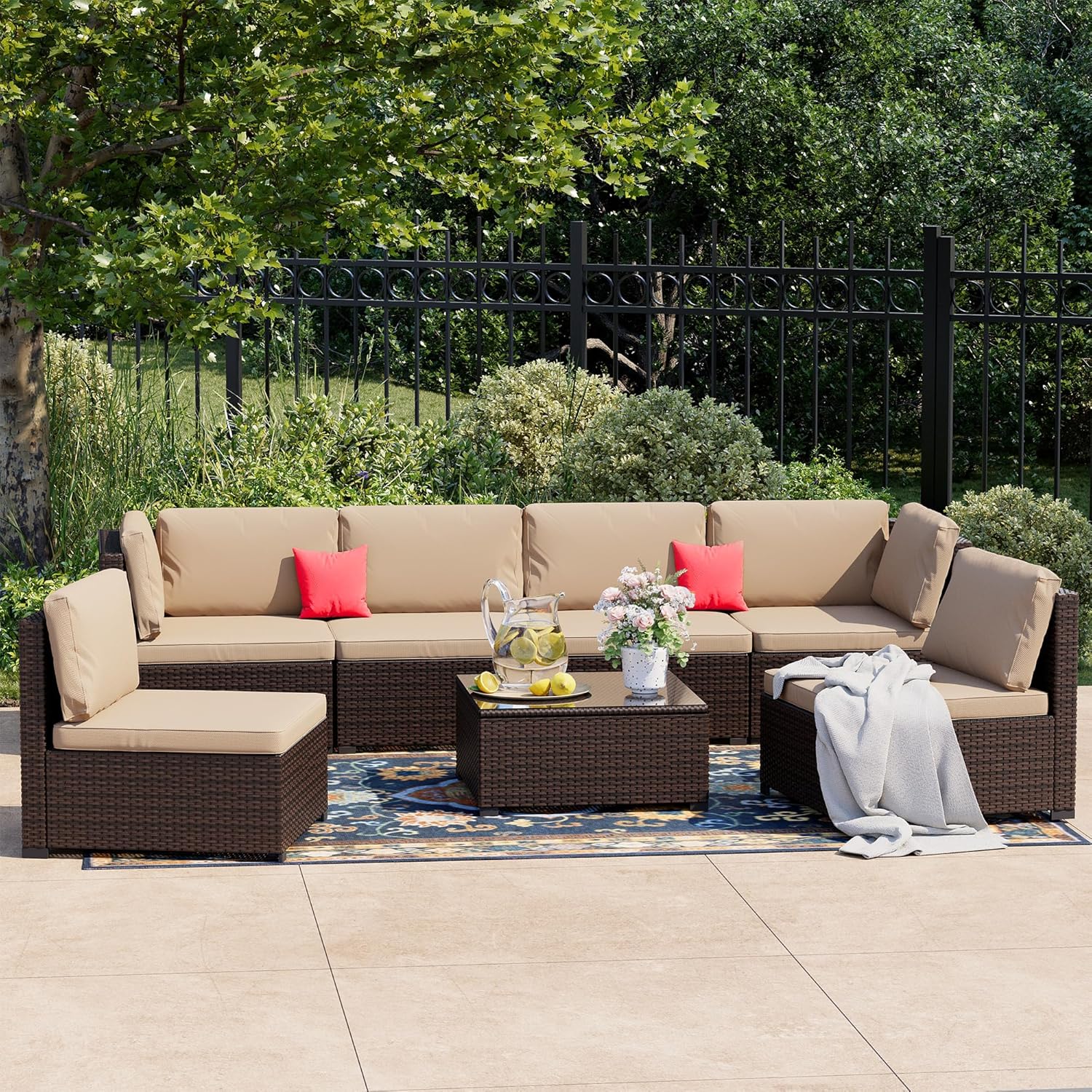 LHBcraft 7 Pieces Outdoor Patio Furniture Sets,PE Rattan Wicker Patio Conversation Set with Tea Table,Patio Sectional with Thick Cushions,Outdoor Furniture for Garden, Deck