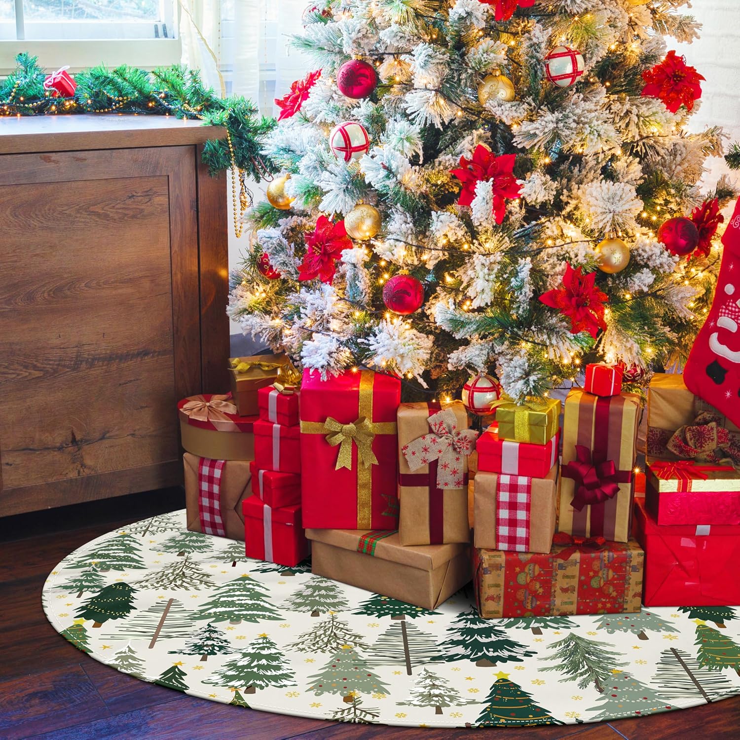 森林 森林 クリスマスツリースカート 48インチ 星 雪の結晶 クリスマスツリー スカート 屋内 屋外 クリスマス デコレーション