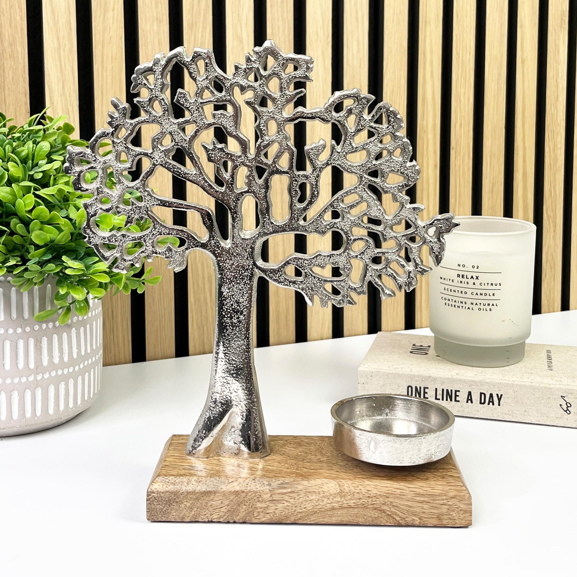 Alfie Francis 26.5cm (Tall) Metal Silver Tree of Life Tea Light Candle Holder Ornament on Wooden Stand Large Sculpture Vintage Home Decor Life