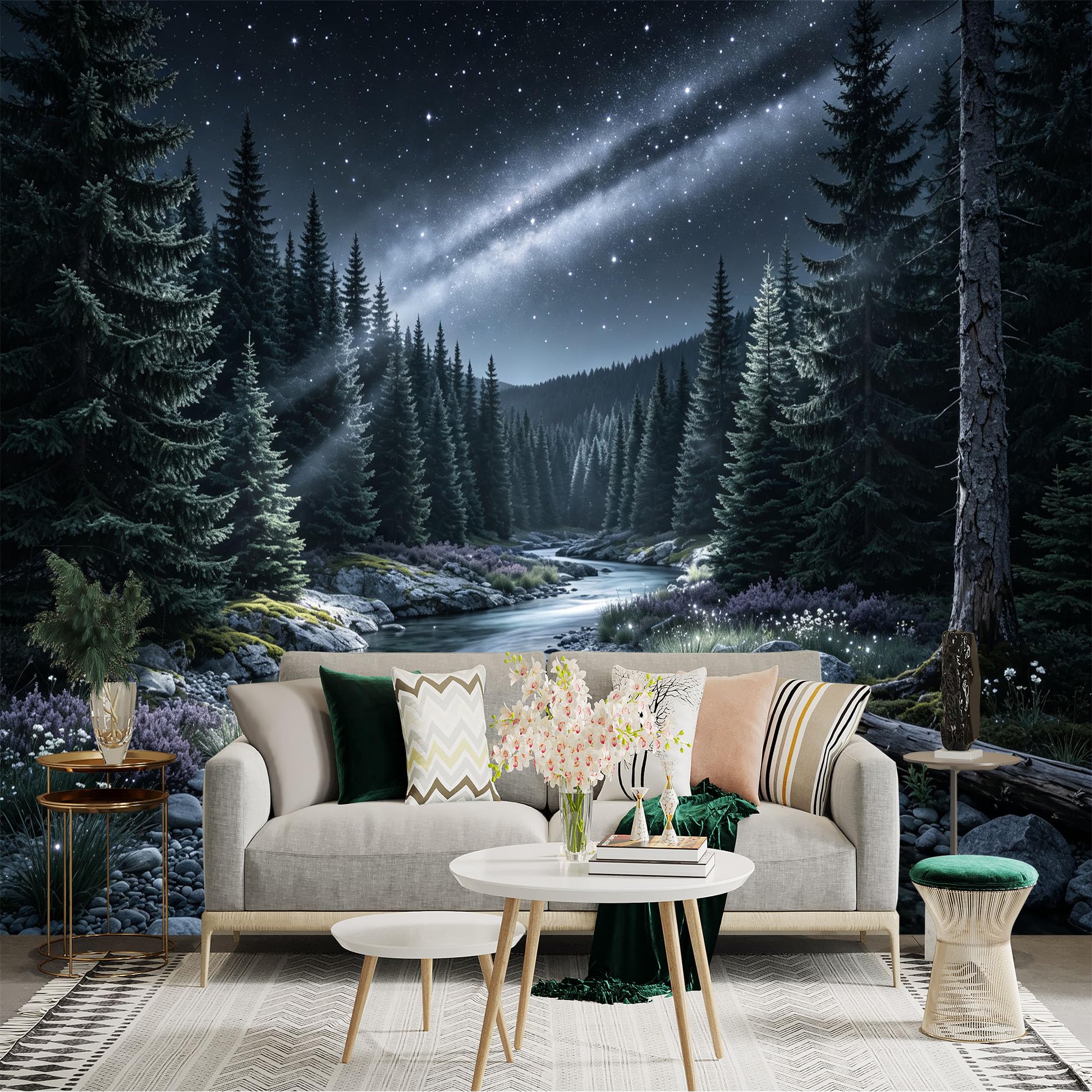 Lnzczhyre Bh260719488 Custom Size Wall Sticker Mural， Enchanting Night Forest With Serene River And Milky Way Galaxy， For Wall Decoration， Peelandstick Wall Decals.