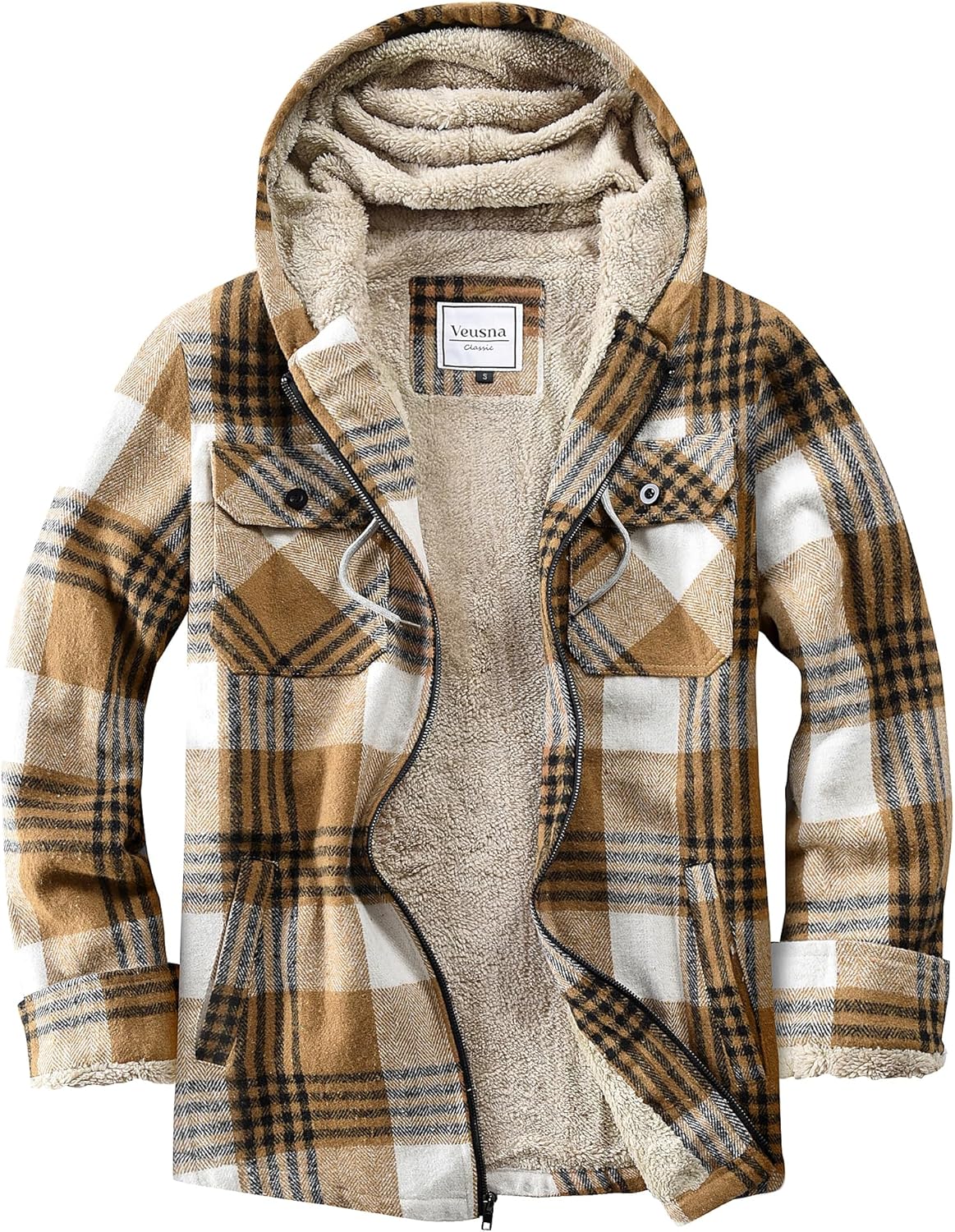Men's Zip Up Flannel Shirt Jacket Fleece Lined Long Sleeve Plaid Coat Heavyweight Hoodie with Hood